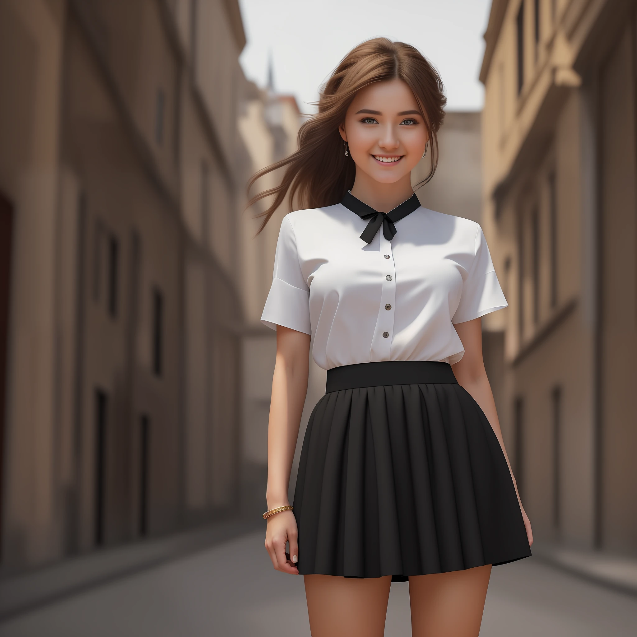 masterpiece), best quality, realistic, ultra-detailed CG, 8k HDR wallpaper, portrait of a beautiful 23-year-old Hungarian girl named Bobungda Tuni, wearing a black skirt, full-body pose, eye-catching smile on her face, isolated from the background, alone, single image