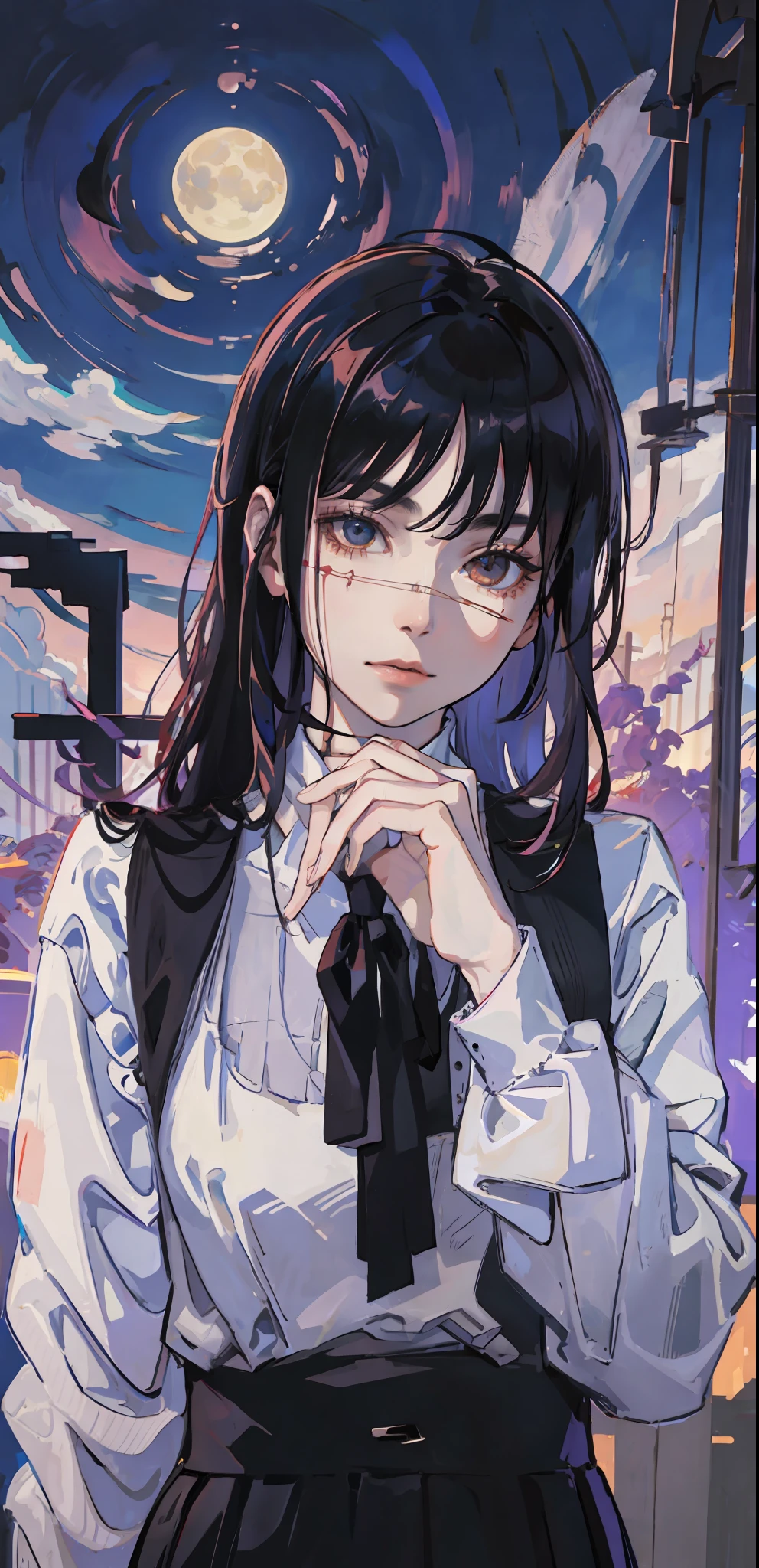 ((masterpiece, best quality)), (1girl), (solo), (female focus), yoru\(chainsaw man\),(very detailed face, real image, realistic white skin, realistic body, intricate details), upper body, focus on face, psycho face, psycho eyes, serious, black hair, long hair, intimidating look, pinafore dress, long sleeve shirt, neck ribbon, small breasts, moon, night, sky, clouds