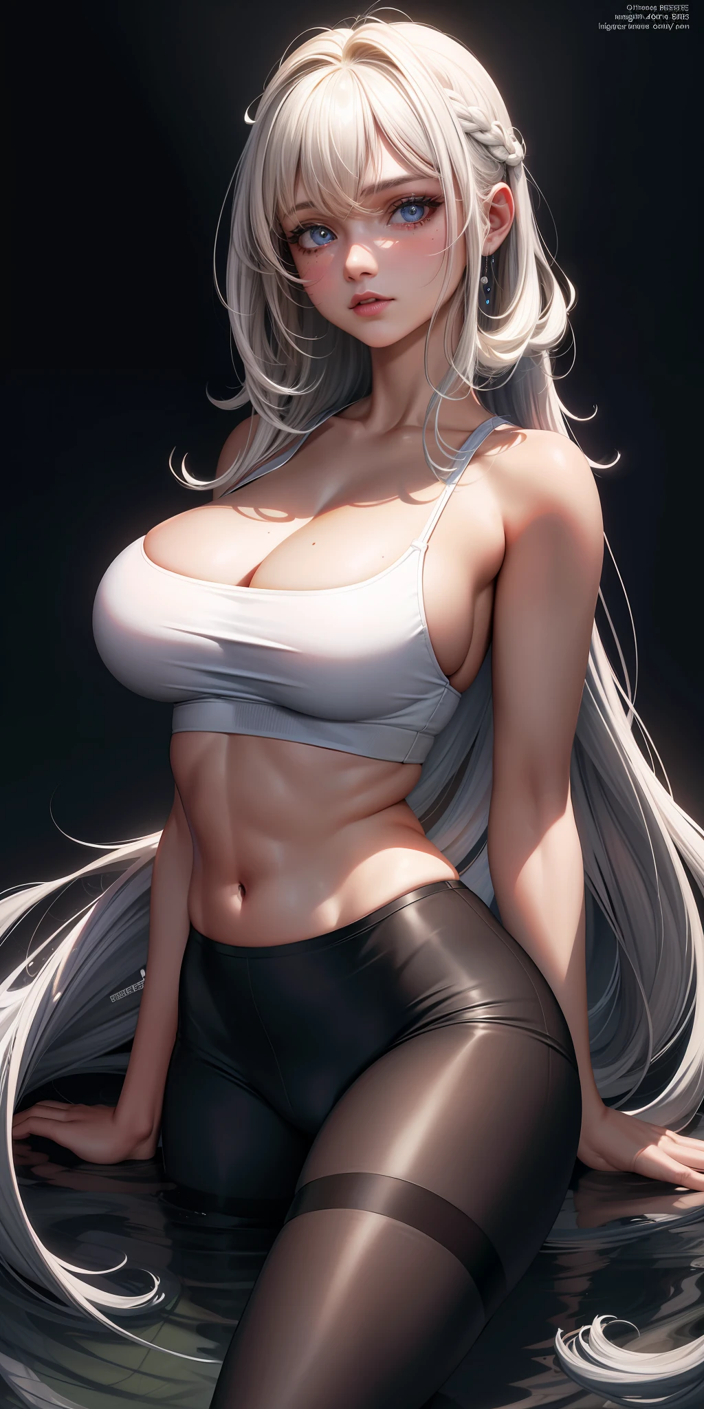 (hyperrealistic), (illustration), (high resolution), (8K), (extremely detailed), (best illustration), (beautiful detailed eyes), (best quality), (ultra-detailed), (masterpiece), (wallpaper), (detailed face), solo 1 girl, white wavy hair, korean, heterochromic eyes, small moles under the eyes, loose white shirt, yoga pants, big breasts, long legs, tight abs, camel toes, sexy hot pose
