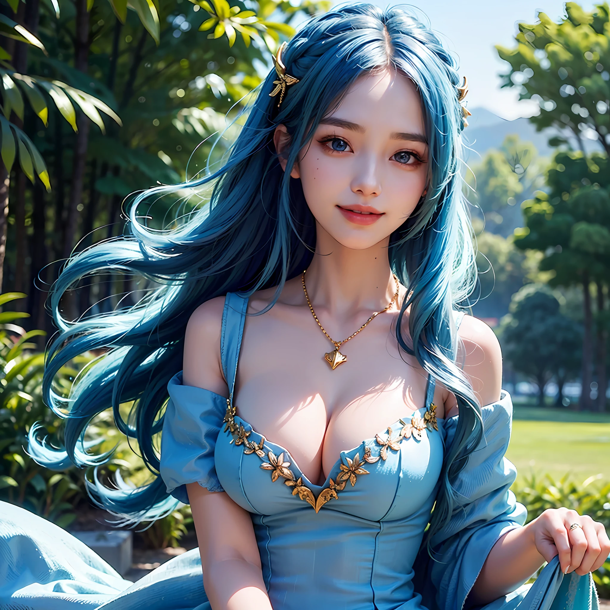 unparalleled masterpiece, ultra realistic 8k CG, perfect artwork, ((perfect female figure)),1girl, (ulzzang-6500:1), kpop idol, best quality, (looking at viewer:2),game cg,\nblurry background,outdoors,((( large breast,upper body,smile))) Sona \\(league of legends\\), blue hair, blue eyes, gradient hair, collarbone, twintails, hair ornament, long hair, blue dress, breasts, close-up, portrait,hair ornament,necklace, jewelry,gold trim on clothes,Beautiful face,