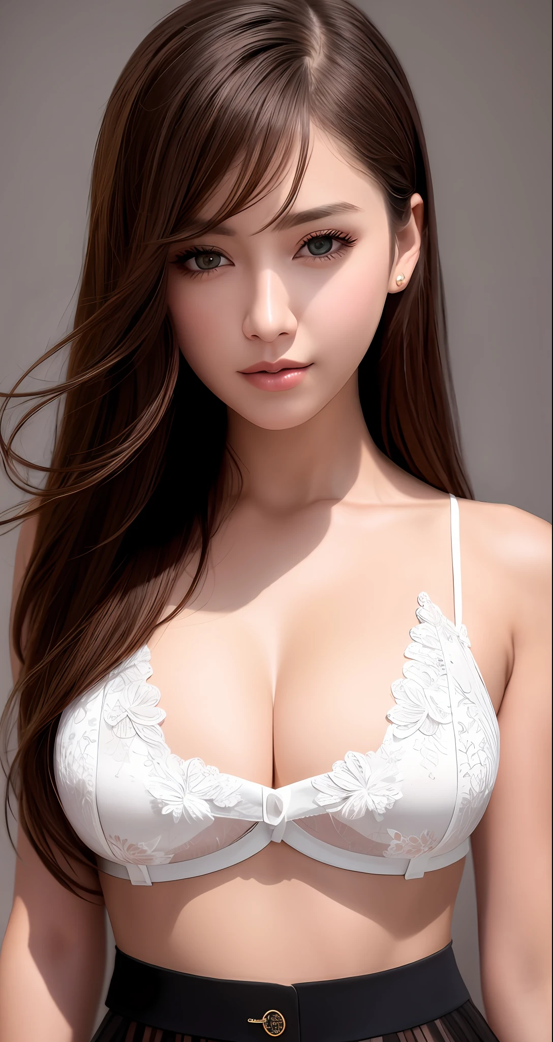 best quality, realistic, photorealistic, extremely detailed, extremely delicate and beautiful, RAW photo, professional lighting, dynamic lighting, light on the face, depth of field, solo focus, full body, a 27 years old woman, brown hair, brown eyes, smaller head, fashion girl, beautiful eyes, small breast, real face, real skin, realistic face, realistic skin, detailed eyes, detailed facial features, detailed clothes features, (fashion clothes:1.3), (fashion hairstyle: 1.3) dynamic poses, looking at the viewer, simple background, smile, detailed face and breast, (pureerosface_v1:0.33), (ulzzang-6500:0.33),
