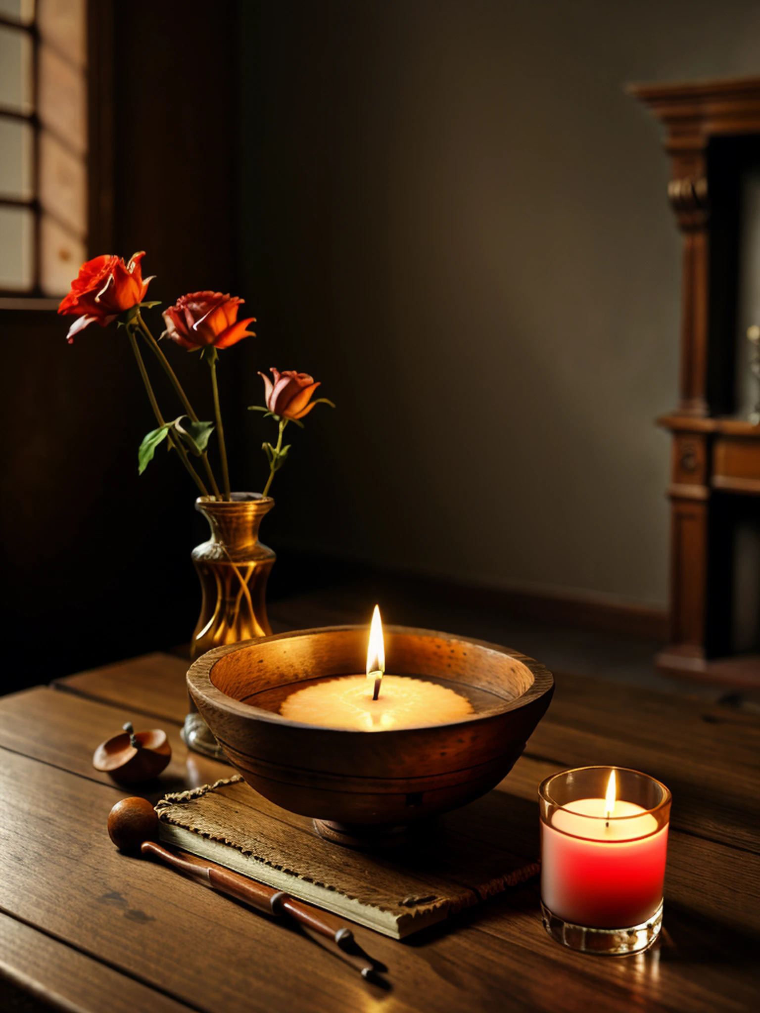 a bowl of fruits, a Stradivari violin, an old book, a candlestick, withering flowers, are on an old wooden table, ((objects in realistic scale)), soft candle light, close-up photo, RAW, 8k, uhd, perfect angle, outstanding details, ultra high resolution, (realism: 1.6), favor details, the background is a 18th century Baroque castle room environment, Bokeh, cinematics