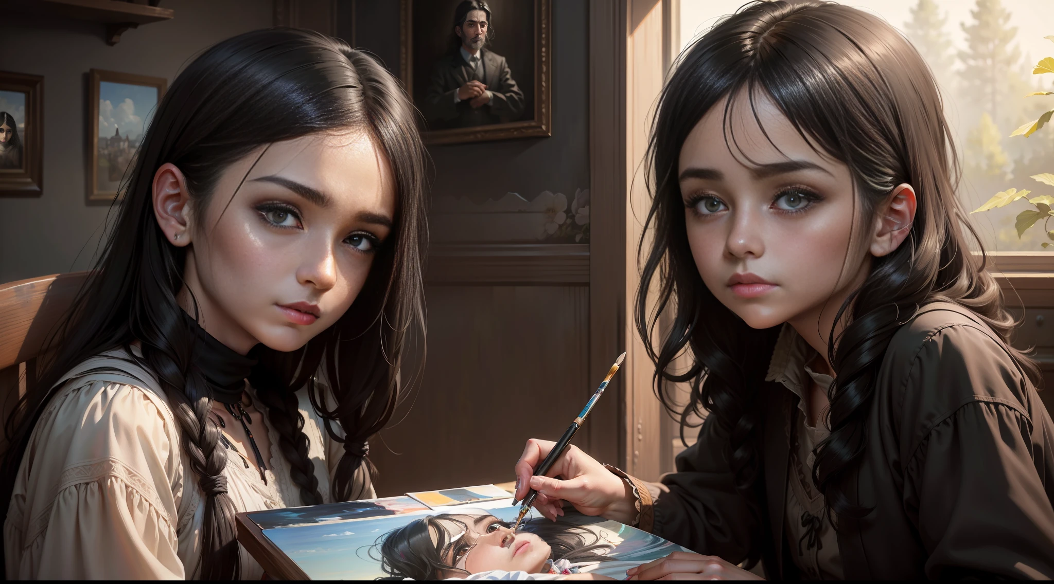 (realistic painting, masterpiece, high quality, detailed strokes), natural light, shadowy Turkish family with wrinkled faces, gray and black hair, a young girl with big eyes and a boy with an introspective look and prominent cheekbones.