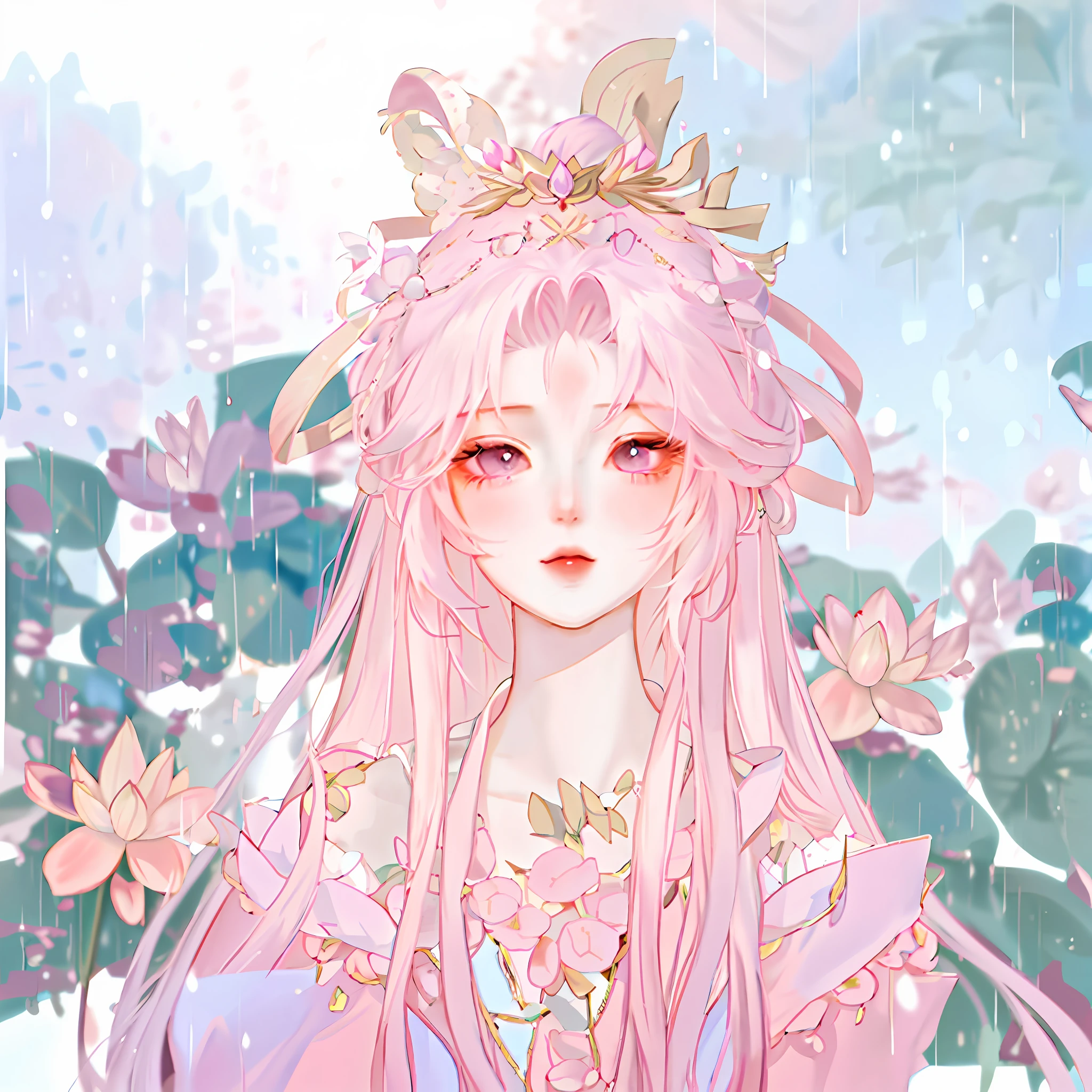 anime girl with long hair and pink dress standing in the rain, soft anime illustration, gilded lotus princess, palace ， a girl in hanfu, ((a beautiful fantasy empress)), pink lotus queen, detailed fanart, anime goddess, in an anime style, beautiful anime portrait, portrait of magical girl, beautiful anime style, white haired deity, digital anime illustration