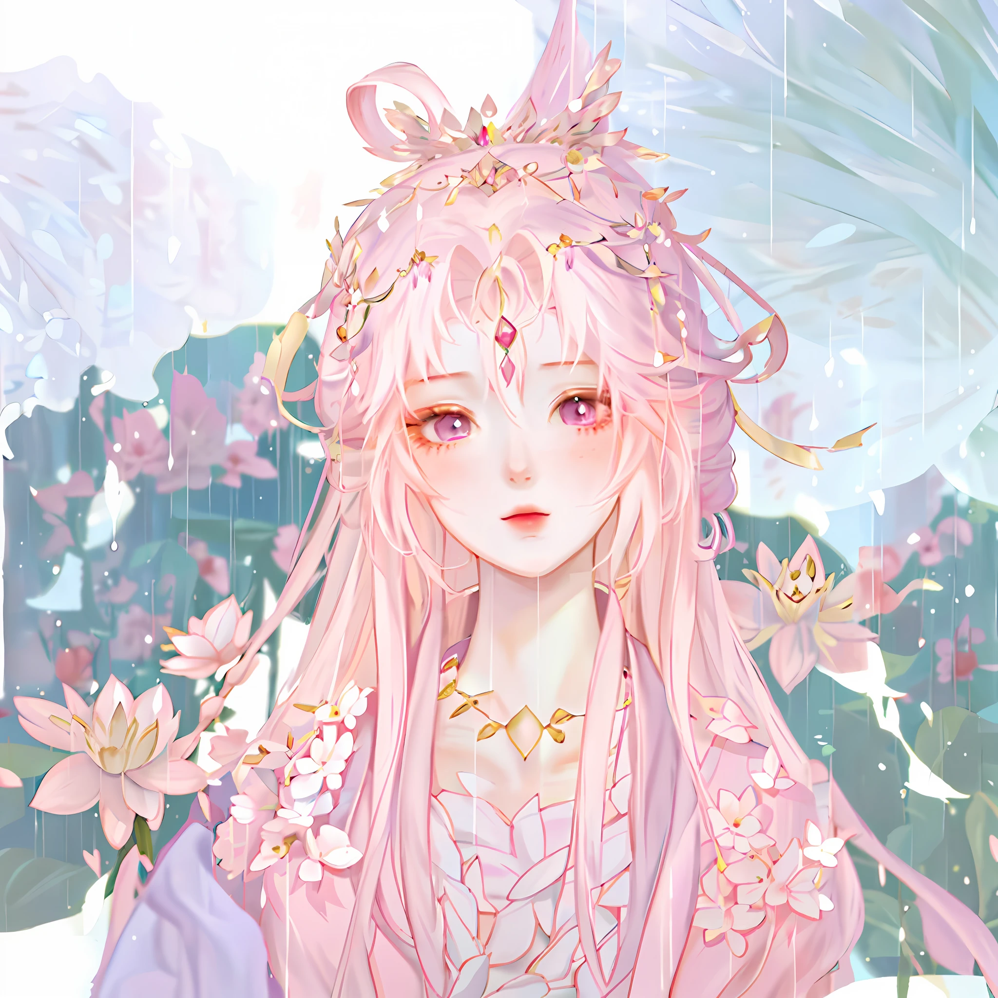 anime girl with long hair and pink dress standing in the rain, soft anime illustration, gilded lotus princess, palace , a girl in hanfu, ((a beautiful fantasy empress)), pink lotus queen, detailed fanart, anime goddess, in an anime style, beautiful anime portrait, portrait of magical girl, beautiful anime style, white haired deity, digital anime illustration