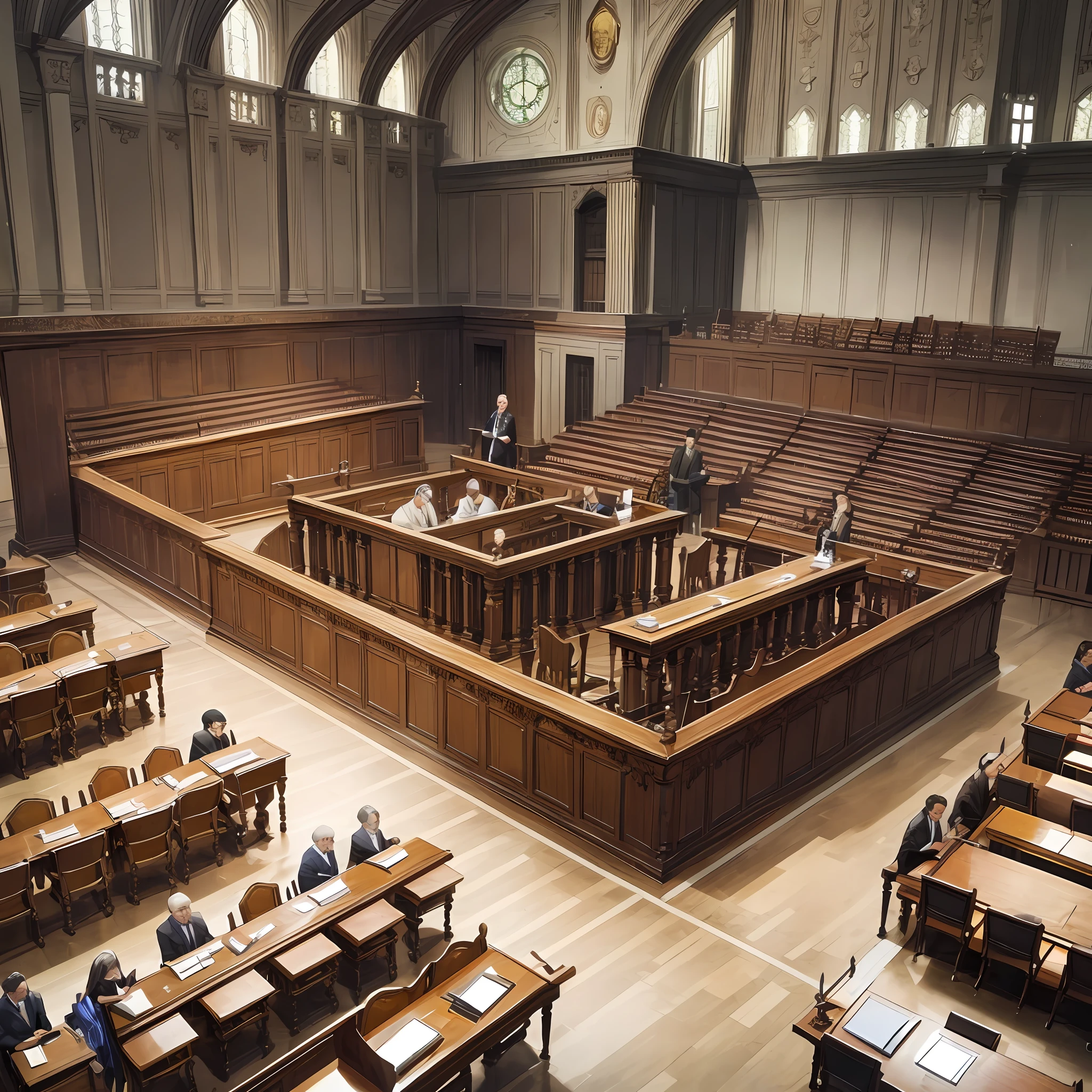 Spectacular courtroom with many people and a man's back in the middle