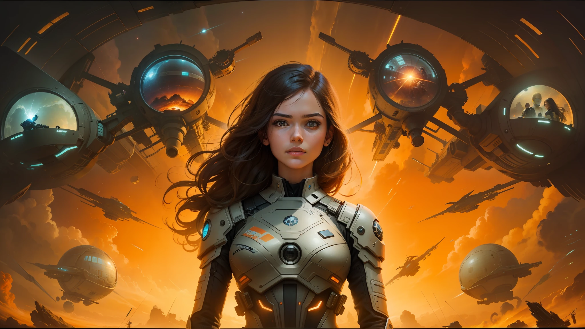 there is a woman standing in front of a painting of a spaceship, inspired by Clyde Caldwell, portrait futuristic solider girl, sunburst behind woman, female protagonist, painted in high resolution, youtube thumbnail, protagonist in foreground, award - winning painting, portrait of a mechanical girl, soft airbrushed artwork, high - resolution scan, cryptopunk, without text, anthony avon, optimistic matte painting --auto --s2