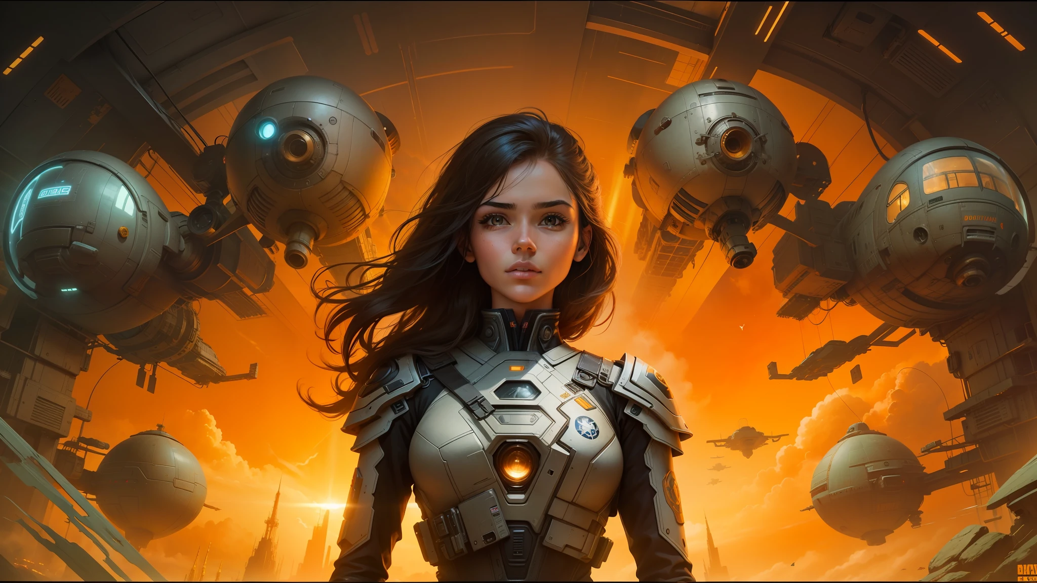 there is a woman standing in front of a painting of a spaceship, inspired by Clyde Caldwell, portrait futuristic solider girl, sunburst behind woman, female protagonist, painted in high resolution, youtube thumbnail, protagonist in foreground, award - winning painting, portrait of a mechanical girl, soft airbrushed artwork, high - resolution scan, cryptopunk, without text, anthony avon, optimistic matte painting --auto --s2