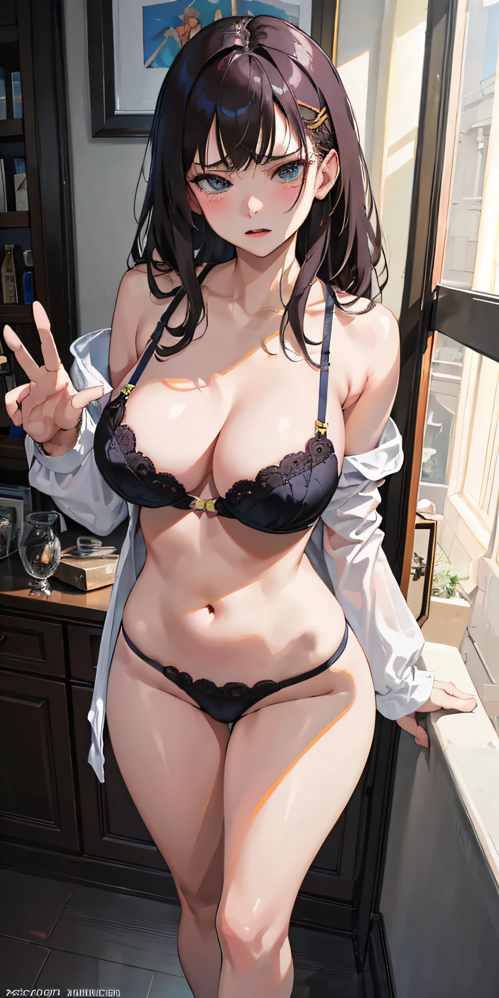 Masterpiece, top quality, high resolution, solo, big breasts, indoors, misaligned bra, thong, (reach: 1.2), doggy style, from above, open arms, angry, hotel bed, disheveled underwear, heavy breathing, sexual expression invite