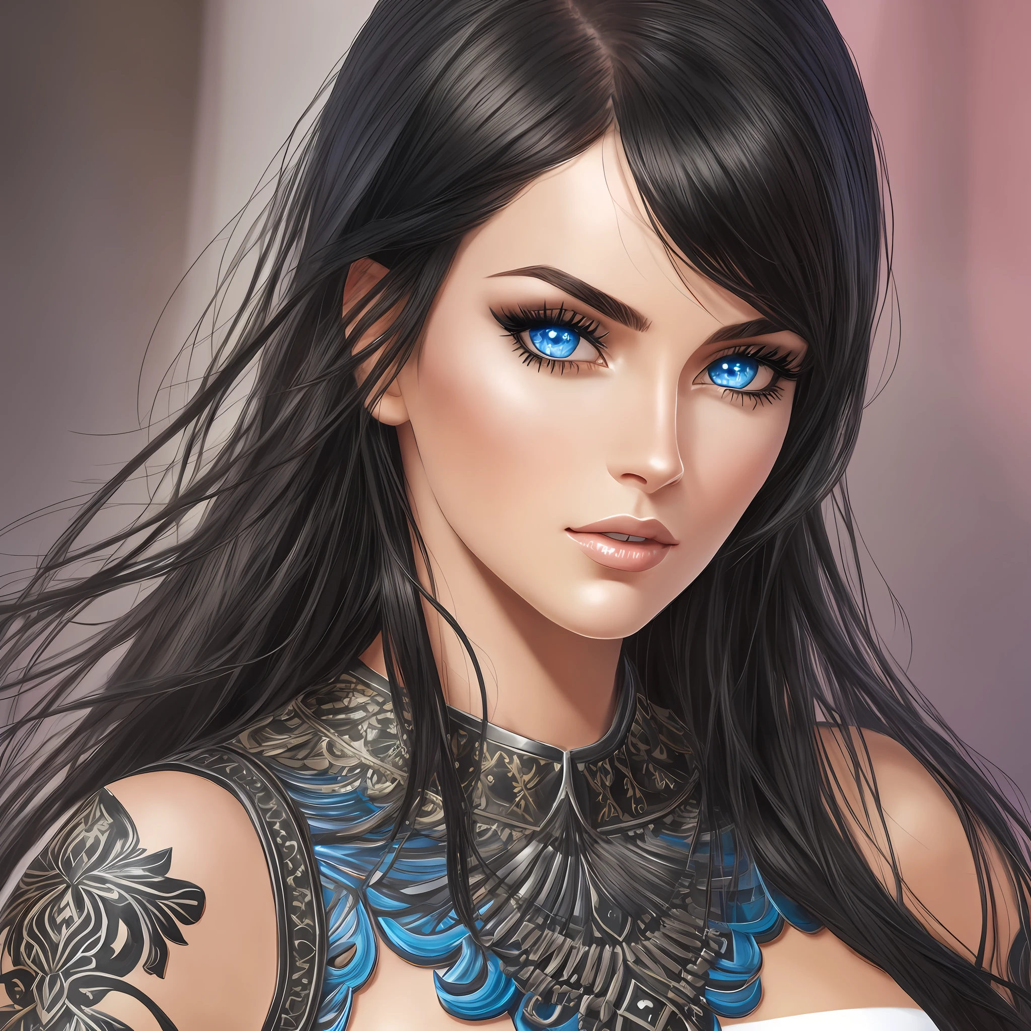 Beautiful tall woman with black hair and super realistic bluish eyes well detailed