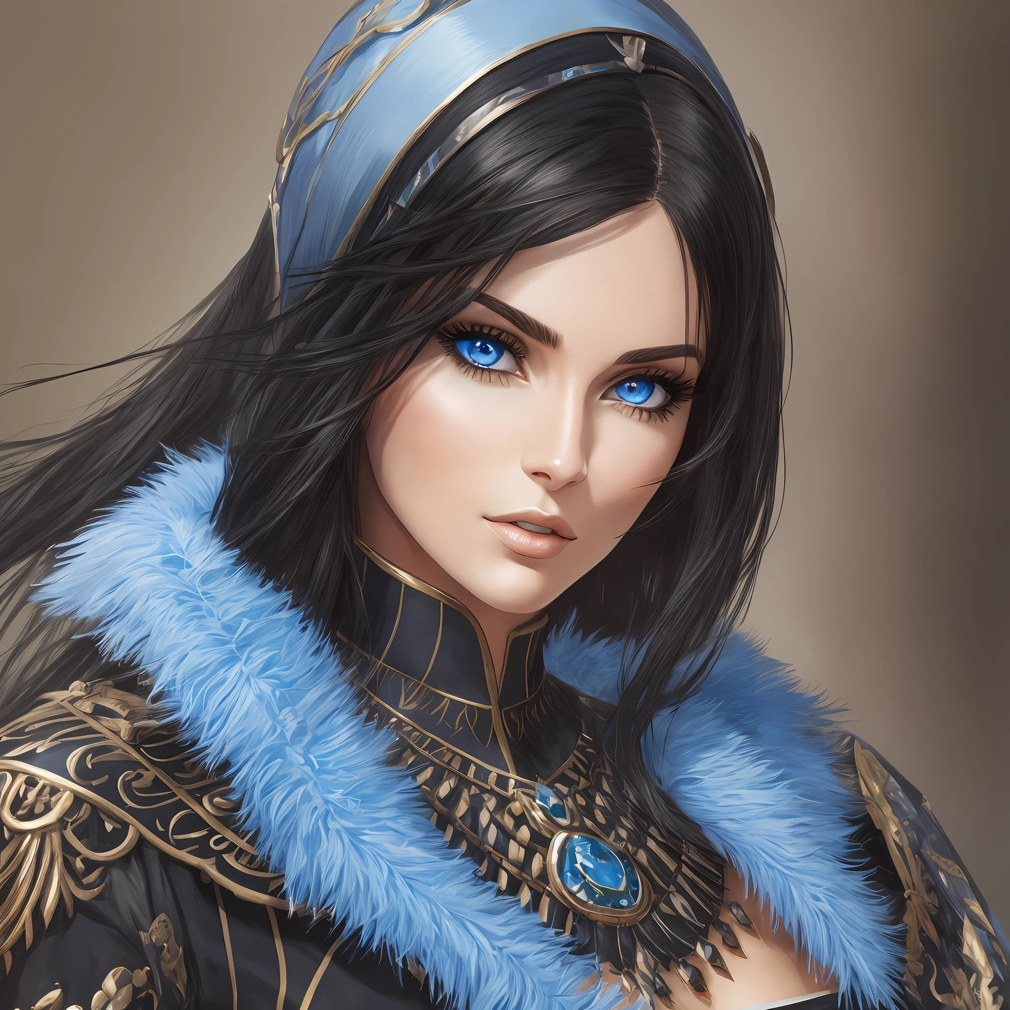 Beautiful tall woman with black hair and super realistic bluish eyes well detailed