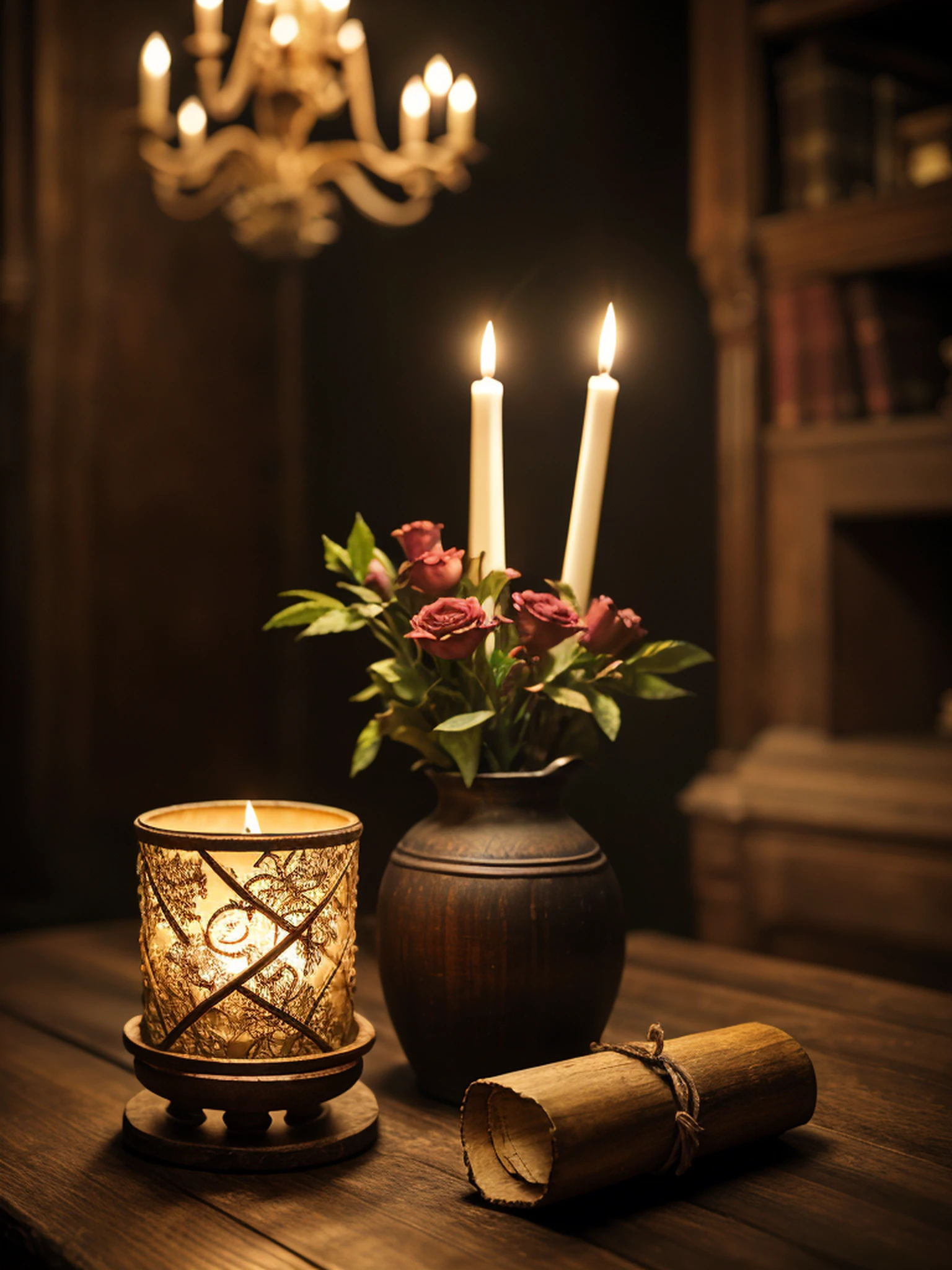 a bowl of fruits, a Stradivari violin, an old book, a candlestick, withering flowers, are on an old wooden table, ((objects in realistic scale)), soft candle light, close-up photo, RAW, 8k, uhd, perfect angle, outstanding details, ultra high resolution, (realism: 1.6), favor details, the background is a 18th century Baroque castle room environment, Bokeh, cinematics