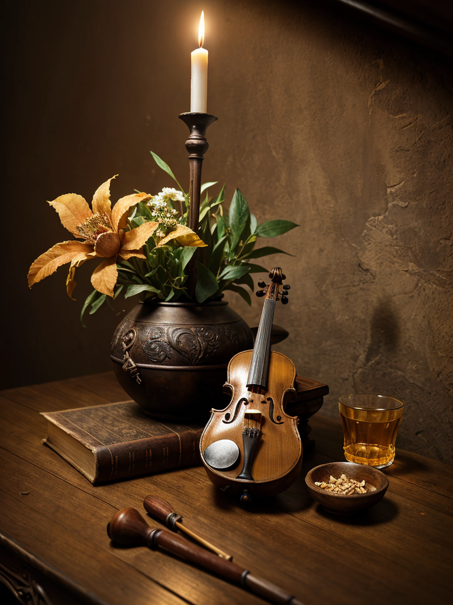 a bowl of fruits, a Stradivari violin, an old book, a candlestick, withering flowers, are on an old wooden table, ((objects in realistic scale)), soft candle light, close-up photo, RAW, 8k, uhd, perfect angle, outstanding details, ultra high resolution, (realism: 1.6), favor details, the background is a 18th century Baroque castle room environment, Bokeh, cinematics