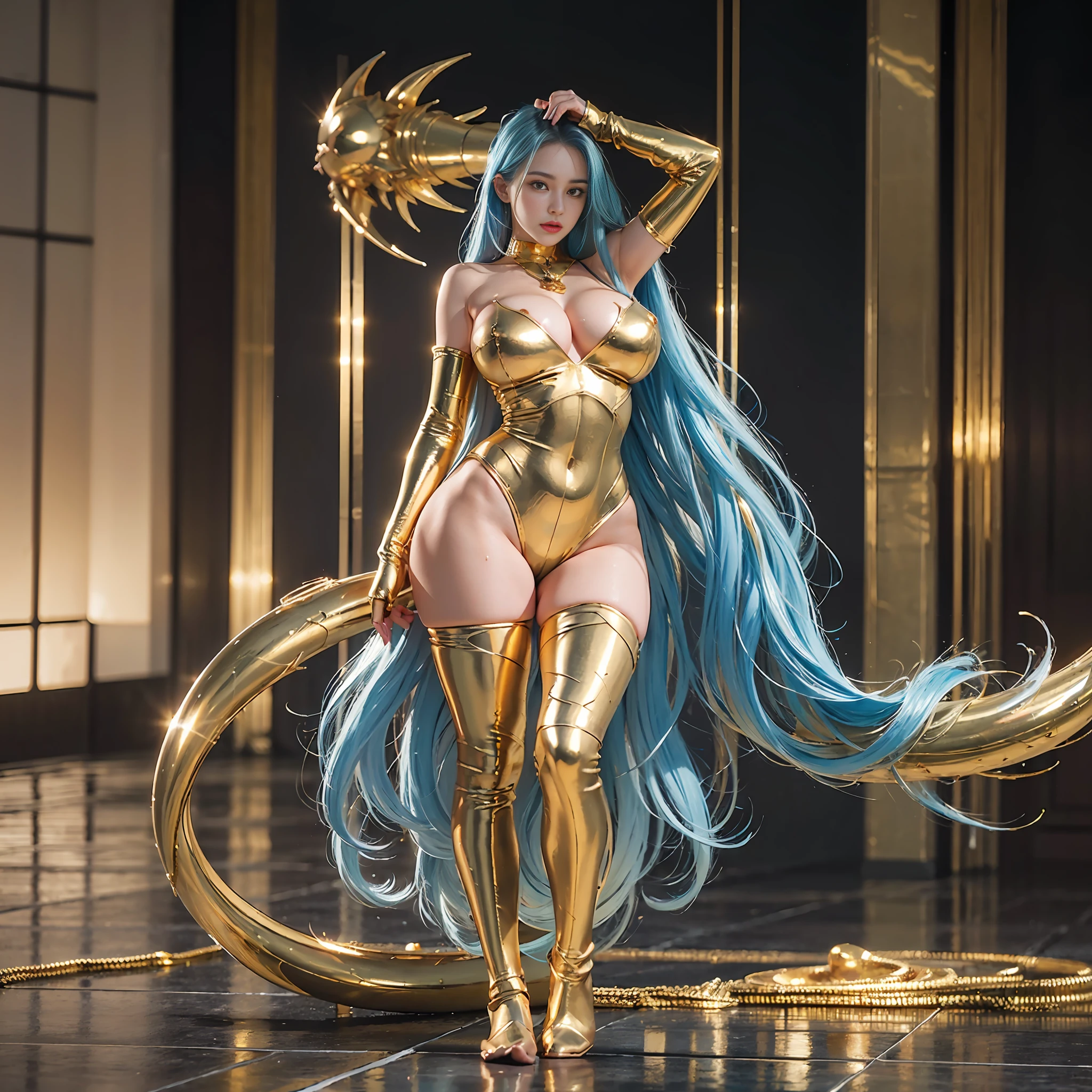 liquid metal girl, golden metal, shiny body, (masterpiece), (best quality), (ultra detailed), (ultra high res), (octane render), (gigantic breasts:1.6), (random pose:1.2)