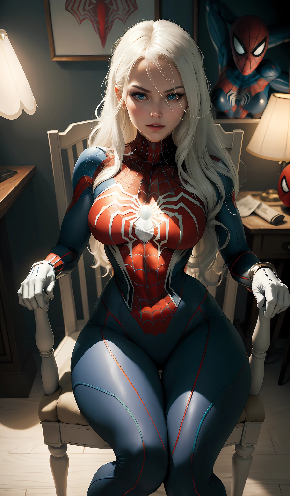 (Masterpiece, 4k resolution, ultra-realistic, very detailed), (White superhero theme, charismatic, there's a sexy girl on a chair cuffed with the hands behind the chair, wearing Spider-Man costume, she's a superhero), [ ((25 years), (long white hair:1.2), full body, (blue eyes:1.2), ((Spider-Man pose),show of fear, in a dark room with only one lamp), ((sandy urban environment):0.8)| # Explanation: The Prompt mainly describes a 4K painting of ultra-high definition, very realistic, very detailed. It shows a superheroine at the top of the city, wearing a Spider-Man costume. The theme in the painting is a white superhero theme, the female protagonist has long white hair, is 25 years old and her entire body is shown in the painting. In terms of portraying the actions of superheroines, spiders are scared, captured with handcuffs