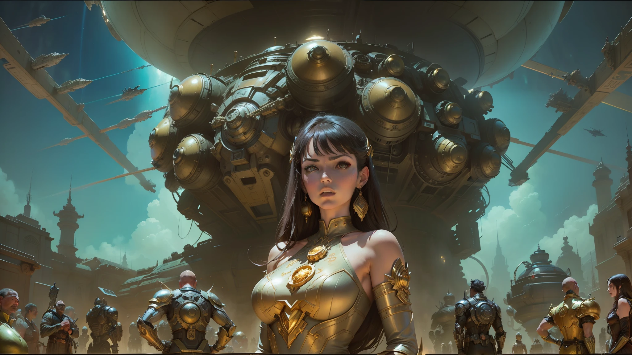 there is a woman in a dress standing in front of a giant robot, stephen hickman, by Alejandro Burdisio, widescreen shot, gilded lotus princess, marc brunet, protagonist in foreground, inspired by Gaston Bussière, promotional movie poster, brass semi - mechanical woman, planet terror planet --auto --s2