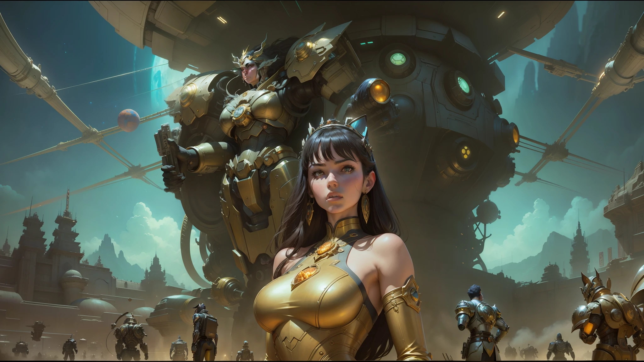 there is a woman in a dress standing in front of a giant robot, stephen hickman, by Alejandro Burdisio, widescreen shot, gilded lotus princess, marc brunet, protagonist in foreground, inspired by Gaston Bussière, promotional movie poster, brass semi - mechanical woman, planet terror planet --auto --s2