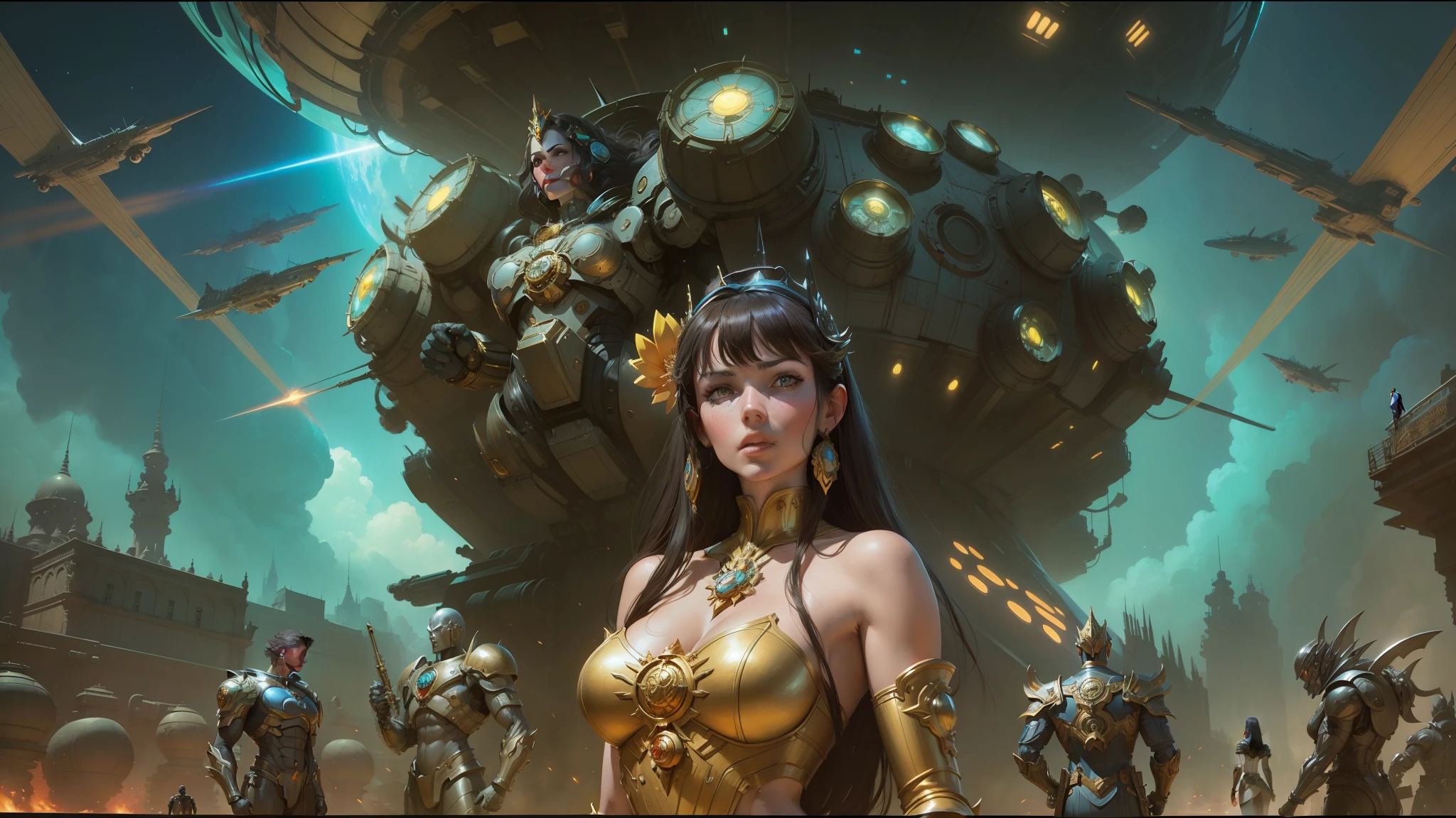 there is a woman in a dress standing in front of a giant robot, stephen hickman, by Alejandro Burdisio, widescreen shot, gilded lotus princess, marc brunet, protagonist in foreground, inspired by Gaston Bussière, promotional movie poster, brass semi - mechanical woman, planet terror planet --auto --s2