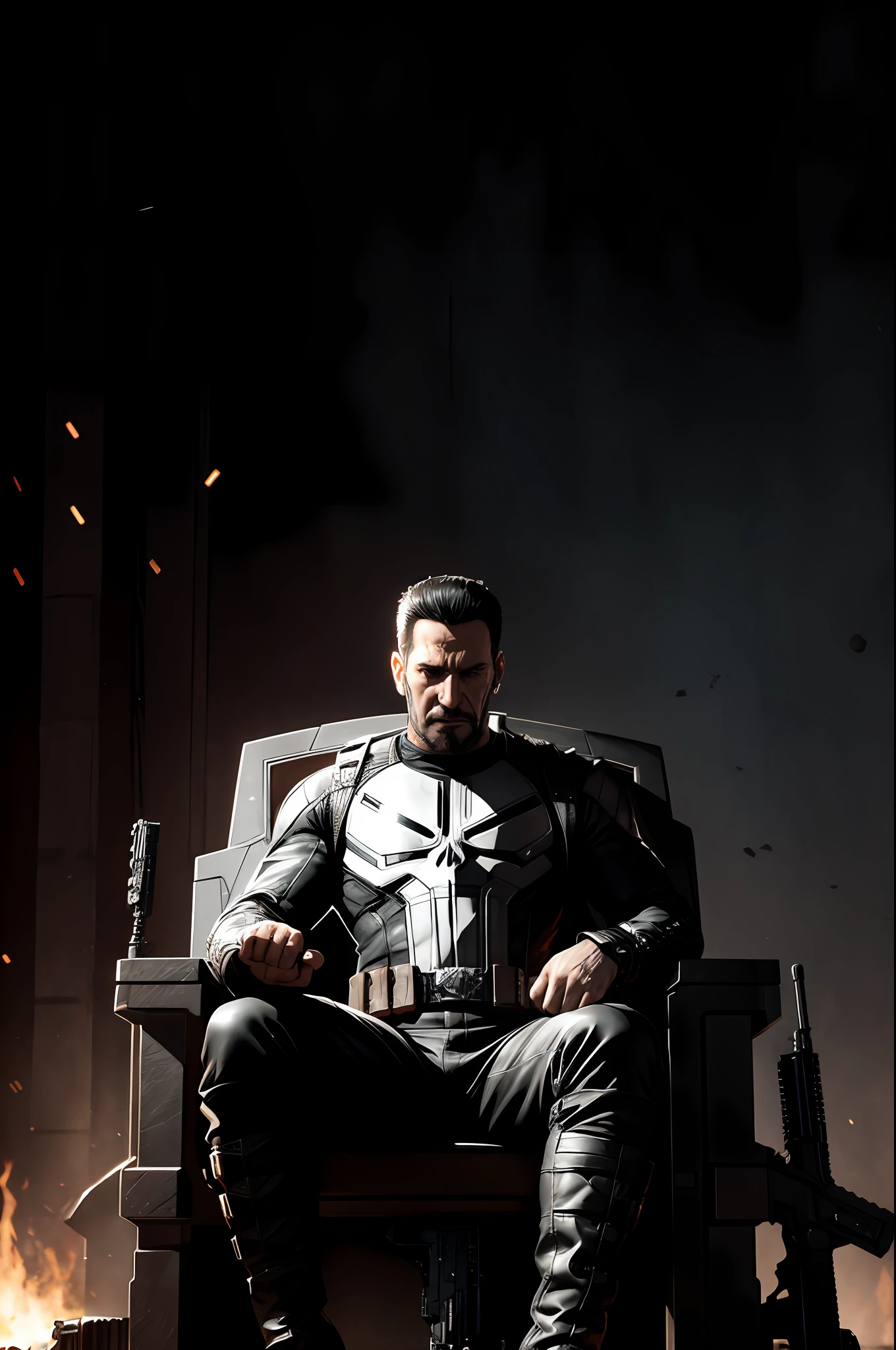 Marvel Comics, punisher sitting on a throne made of rifle bullets, realistically, black clothes, dynamic lights, full footage, (extremely detailed 8k wallpaper of the CG unit), trend in ArtStation, trend in CGSociety, high detail, sharp focus, dramatic, photorealistic.