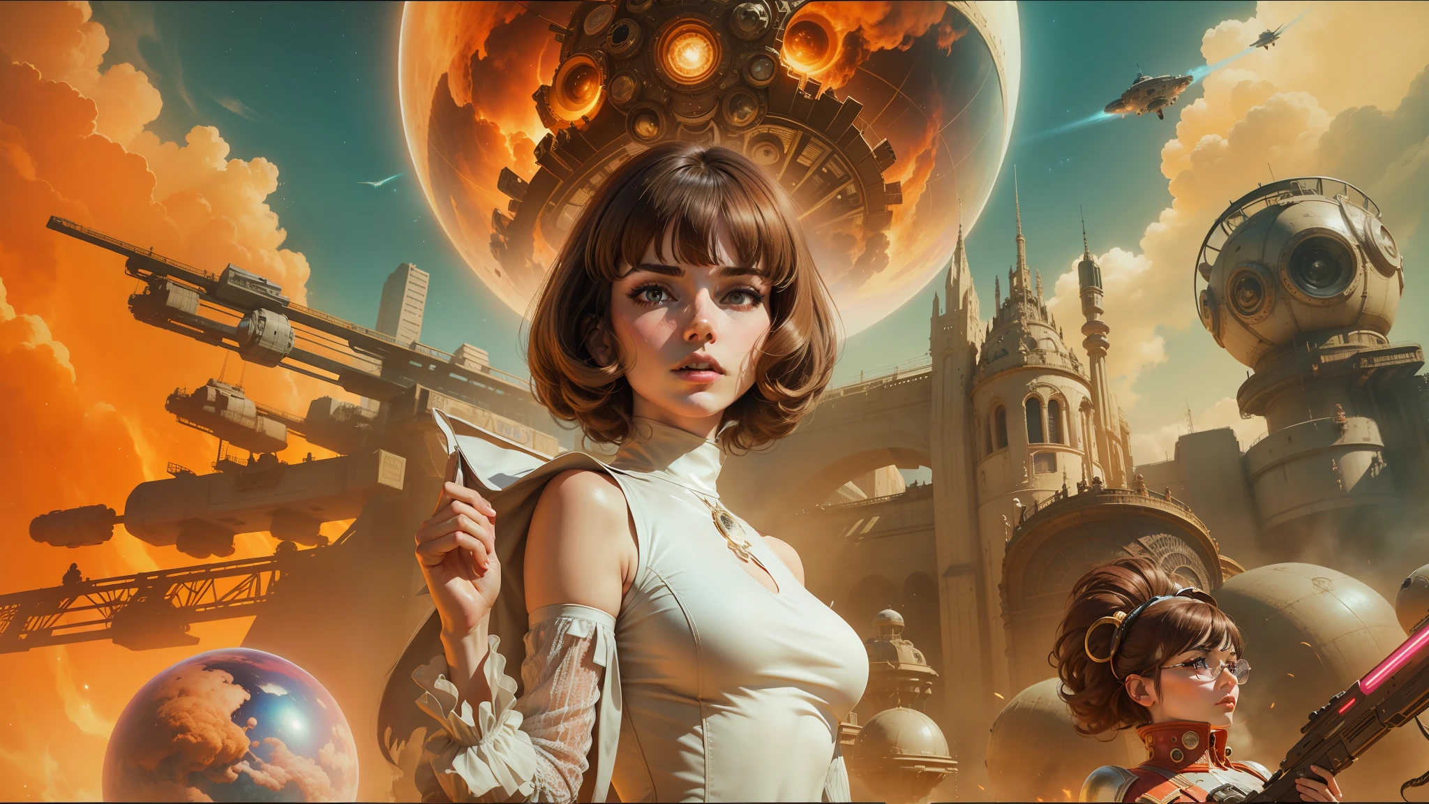 arafed image of a woman in a white dress standing in front of a group of people, 7 0 s sci - fi art, attractive brown hair woman, still frame from a movie, hypermaximalist, promotional render, by Menez, cosmic bjork, steam punk, velma, mars attacks, circa 1970, cp2077 --auto --s2