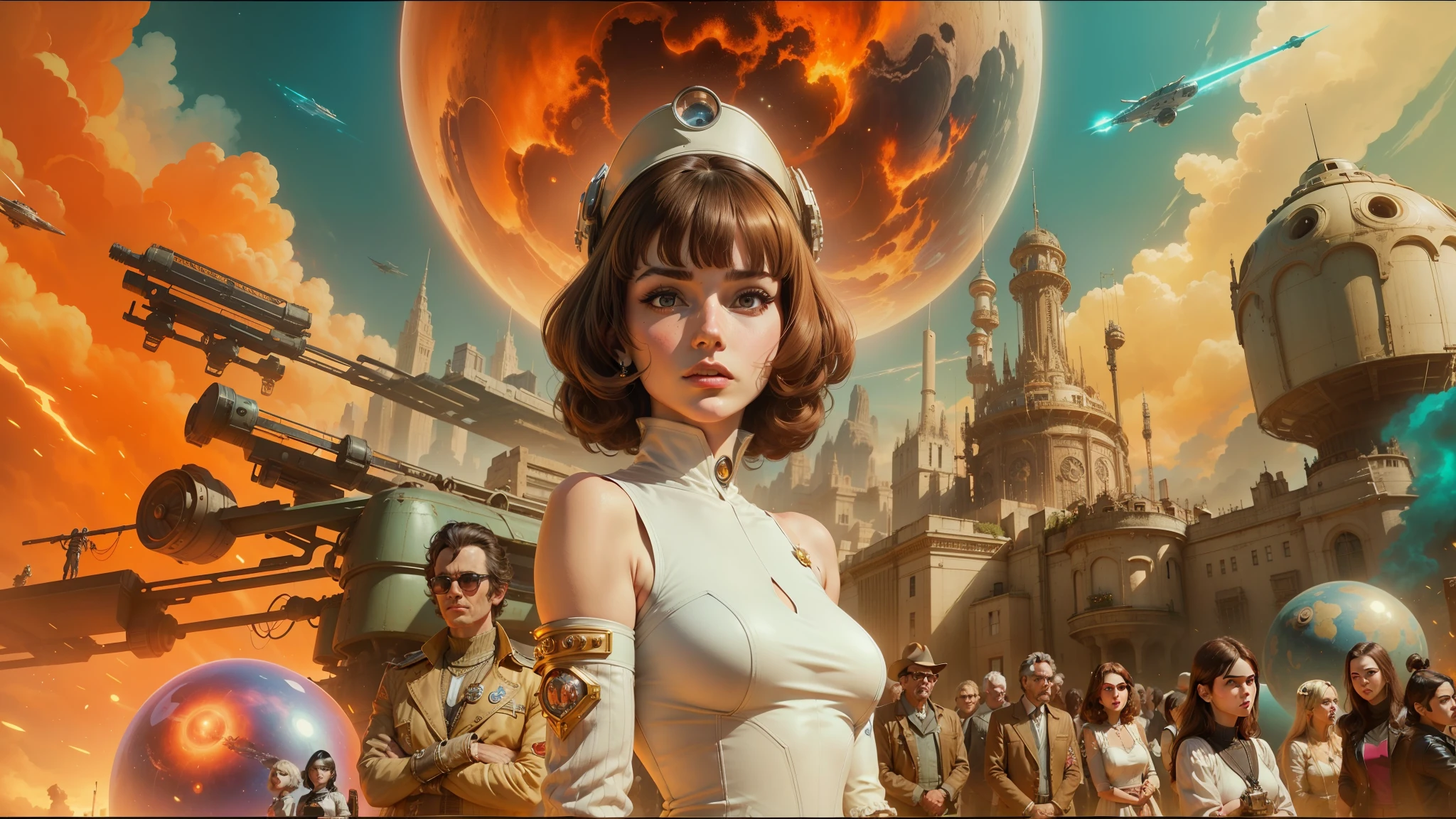 arafed image of a woman in a white dress standing in front of a group of people, 7 0 s sci - fi art, attractive brown hair woman, still frame from a movie, hypermaximalist, promotional render, by Menez, cosmic bjork, steam punk, velma, mars attacks, circa 1970, cp2077 --auto --s2