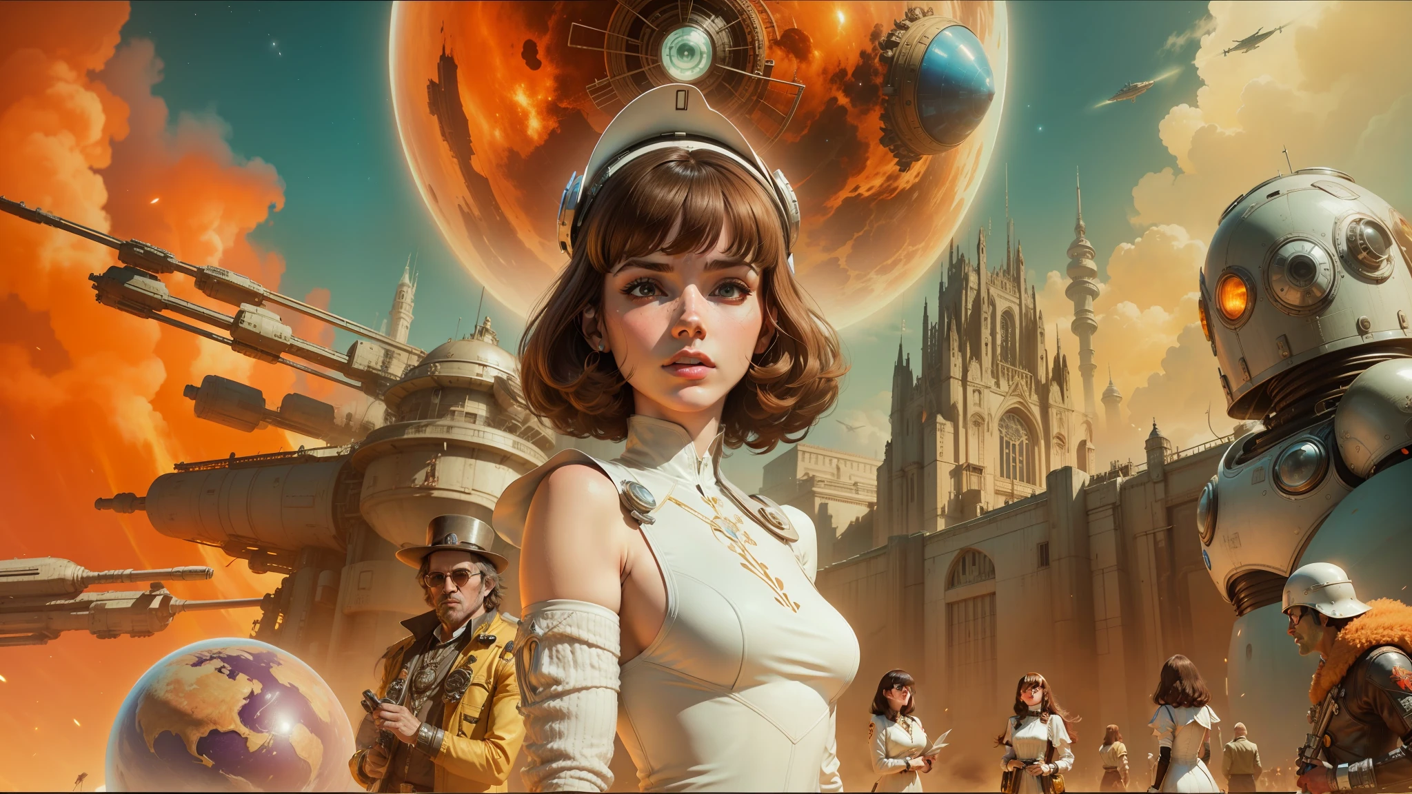 arafed image of a woman in a white dress standing in front of a group of people, 7 0 s sci - fi art, attractive brown hair woman, still frame from a movie, hypermaximalist, promotional render, by Menez, cosmic bjork, steam punk, velma, mars attacks, circa 1970, ??2077 --auto --s2