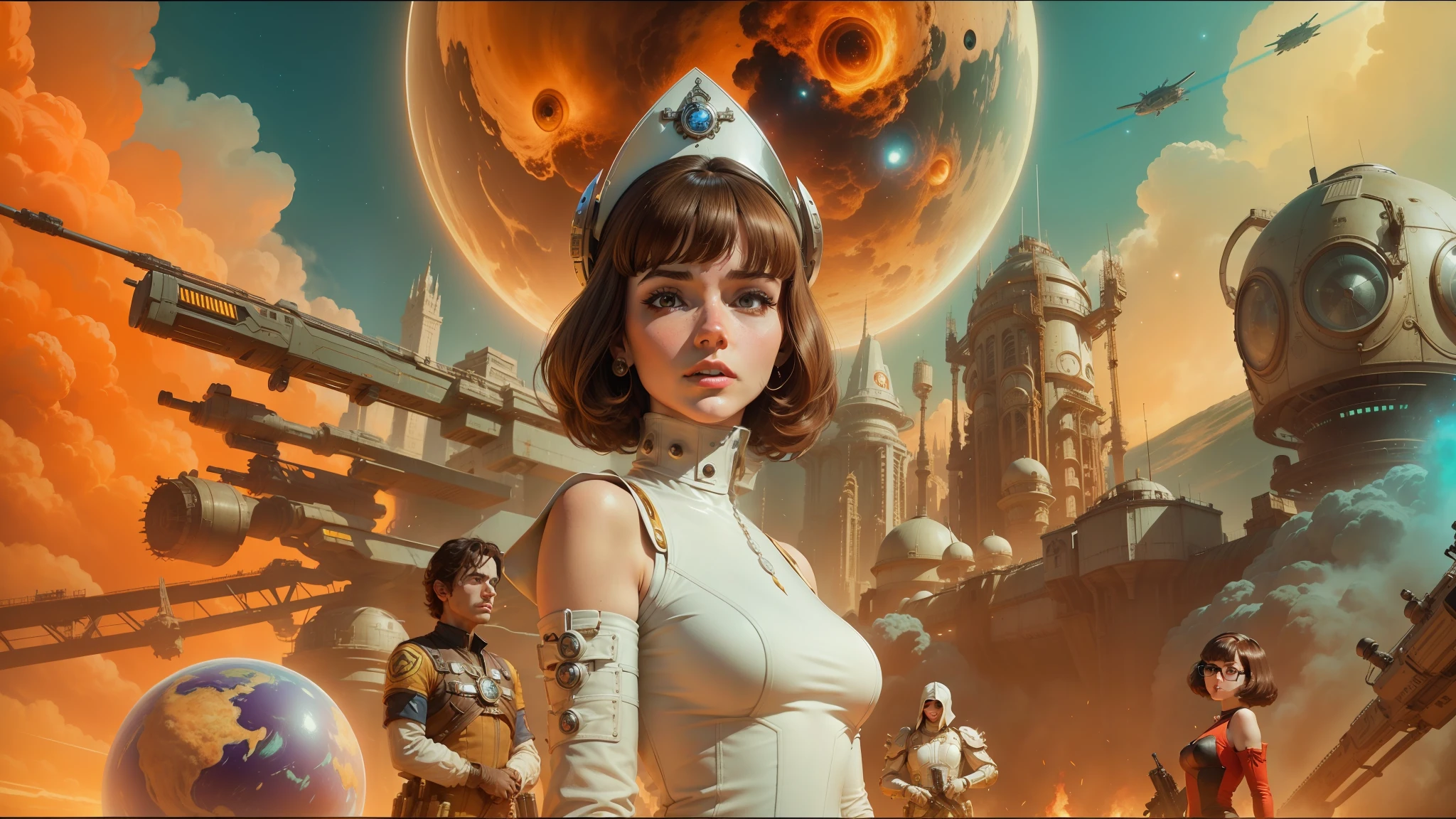arafed image of a woman in a white dress standing in front of a group of people, 7 0 s sci - fi art, attractive brown hair woman, still frame from a movie, hypermaximalist, promotional render, by Menez, cosmic bjork, steam punk, velma, mars attacks, circa 1970, cp2077 --auto --s2