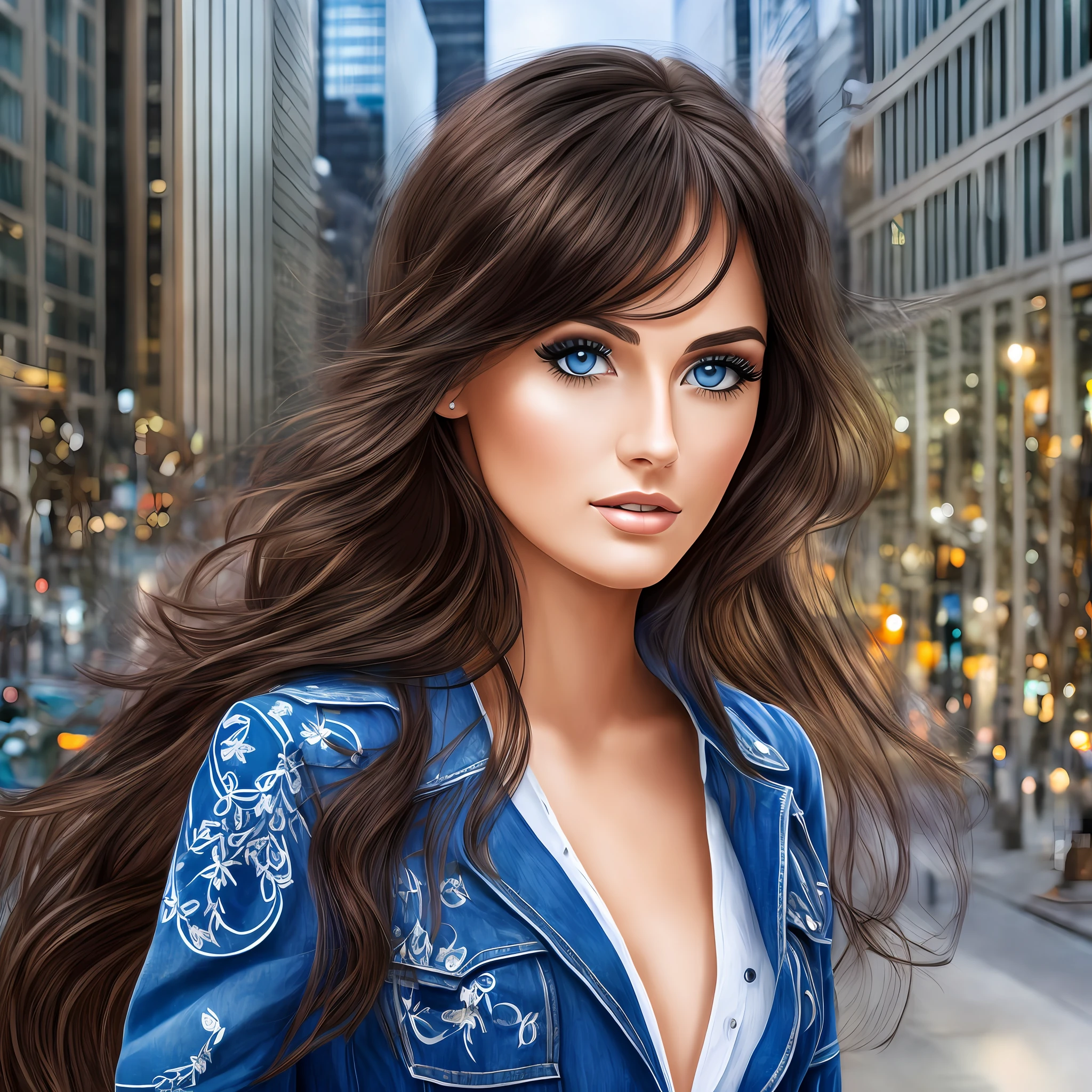 Tall beautiful woman with black hair and super realistic bluish eyes well detailed in the city