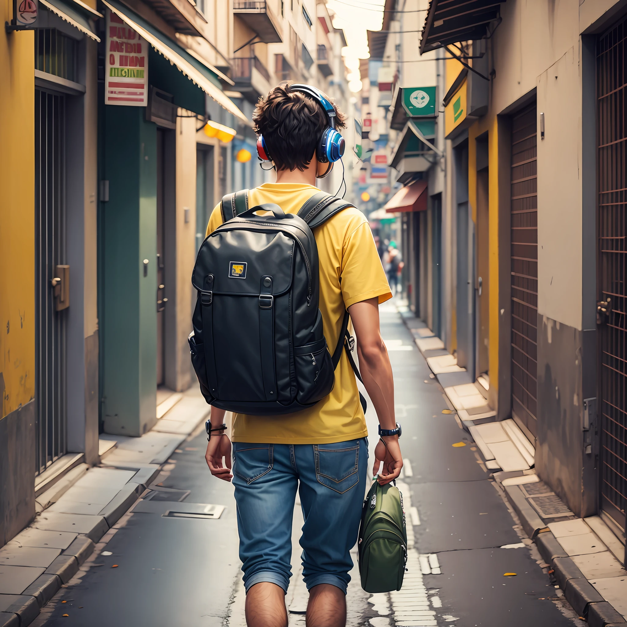 Brazilian student, walking in the streets with backpack on his back and headset --auto --s2