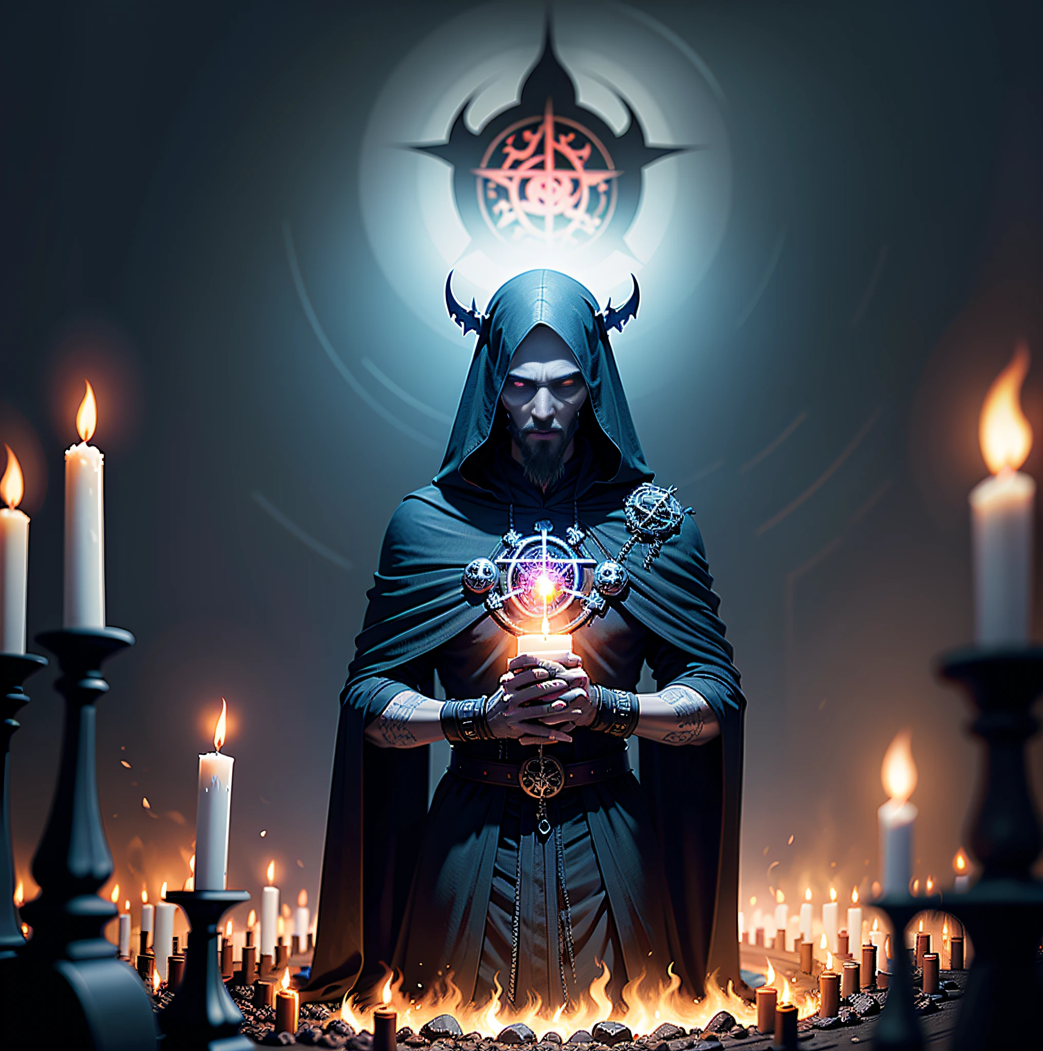 A masterpiece, Arcanorum Astrum, a ritual with a gervo offering, black colors, a necromancer looking at the sky, darkness instead of eyes, black holes instead of eyes, all in smoke, fog and fire, against the background of a huge pentagram, makes a sacrifice, a ritual dagger in his hands, skulls, bones and blood