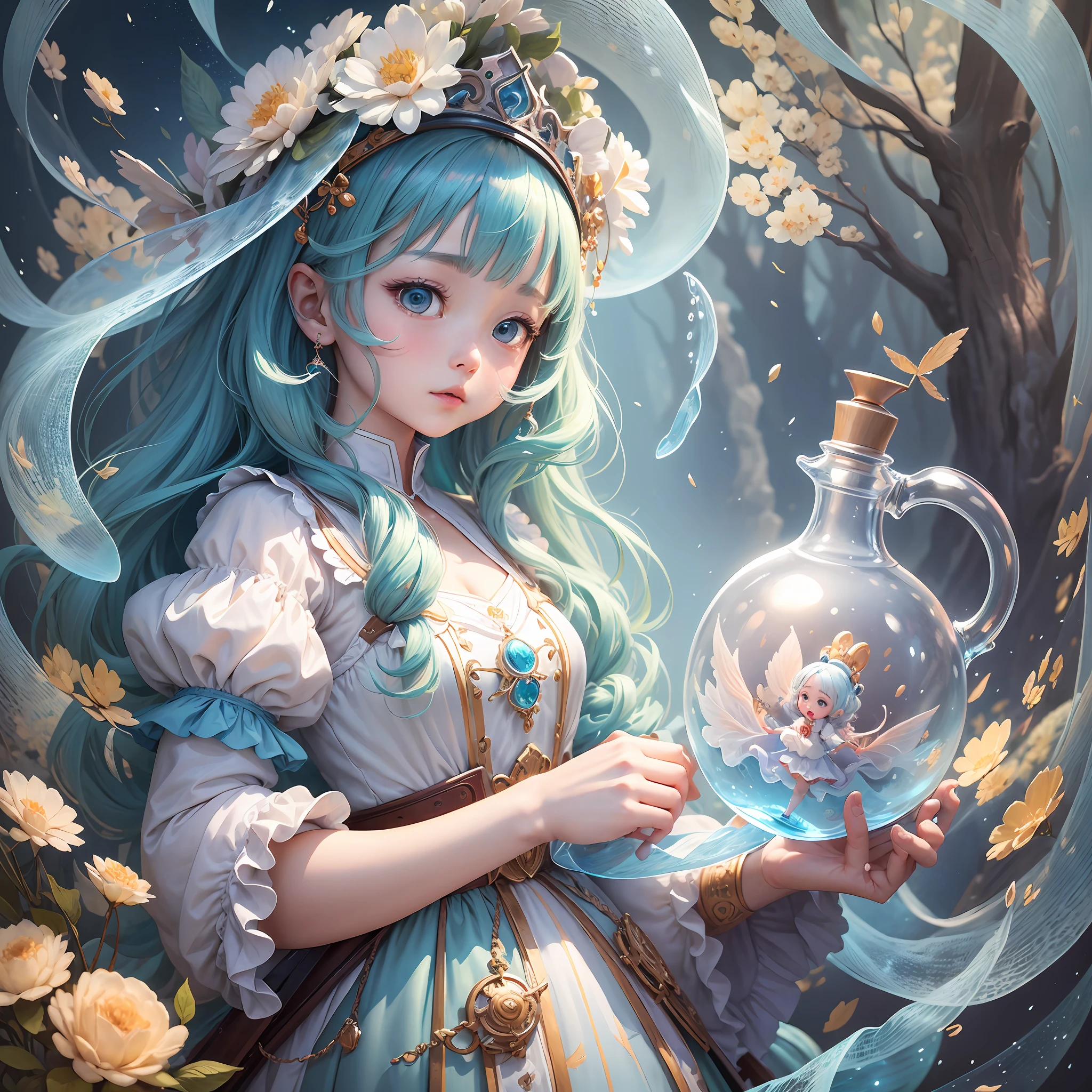 a bottle filled with animation and objects, in the style of shilin huang, princesses character illustrations, john wilhelm, multilayered texture, childlike figures, white and light aquamarine, colored caartoon stile --ar 19:27 --q 2 --s 750 --v 5.1 --auto --s2