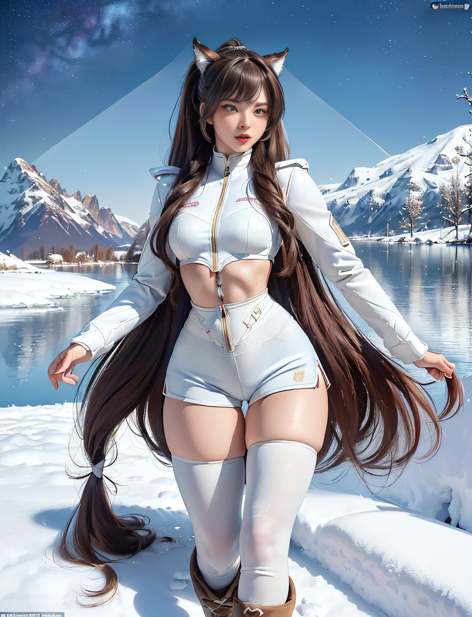 ((very detailed RAW color photo)), (((1 girl))), (((alone))), (((33 years))), ((athletic)), ((very defined toned physique)), ((very defined and beautiful muscular body)), (((very detailed perfect body))), (((small and defined breasts))), (((ultra defined curves))), (((superior quality, 8k, masterpiece: 1.3)), sharp focus: 1.2, (((extremely beautiful girl with perfect figure: 1.4))), ((very thin waist: 1.2)), ultra detailed skin texture, ((perfect and beautiful hands)), ((smooth and soft skin)), (ultra detailed fabric texture), extremely beautiful face ultra detailed, (((extremely beautiful))), ultra detailed, (((girl wearing a white thermal jacket and white snow white shorts with hiking boots))), (((the suit is military type and very futuristic))), (((extremely long curly brown hair))), extremely beautiful, (((extra long ponytail with bangs))), ((very detailed and beautiful wolf ears)), (hair on the face), ((hair ribbon)), dynamic pose, ((uniform leaves thighs exposed)), ((ultra detailed and toned legs)), (((ultra detailed waist))), (((very wide hips))), (((very thick and toned thighs))), (sexy), (((extreme hourglass figure))), (((very thick heart lips))), (((red lipstick)), ((ultra detailed lips)), ((ultra detailed blue eyes)), ((angry look)), (((staring at the viewer))), ultra detailed provocative mouth, extremely beautiful seductive lips, ((blushing)), (makeup), (((ultra defined waist))), eye shadow, (full body shot), with a frozen lake in the background, starry sky, snowy mountains