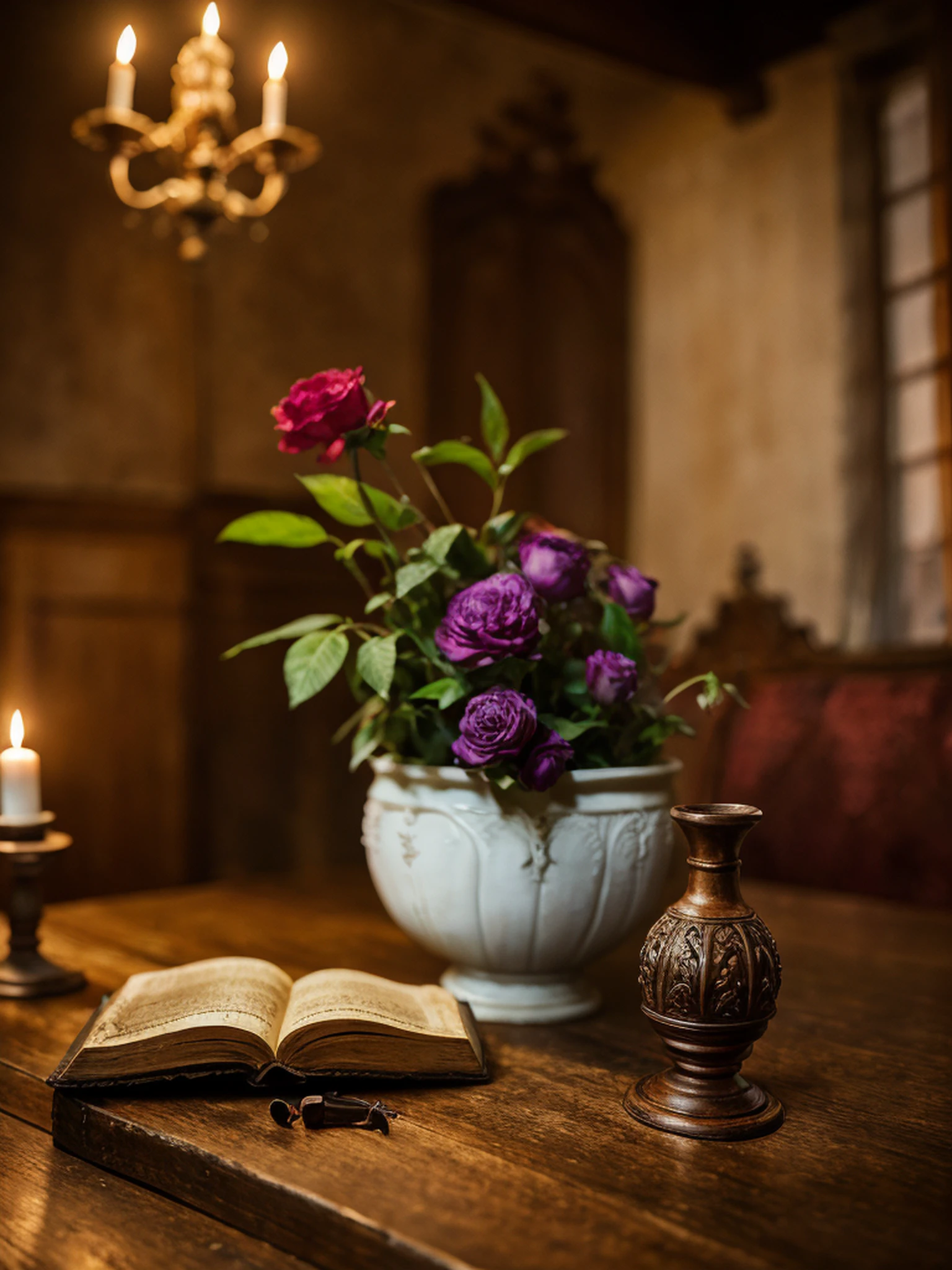 a bowl of fruits, a Stradivari violin, an old book, a candlestick, withering flowers, are on an old wooden table,  ((objects in realistic scale)), soft candle light, close-up photo, RAW,  8k, uhd, perfect angle, outstanding details, ultra high resolution, (realism: 1.6),  favor details, the background is a 18th century Baroque castle room environment, Bokeh, cinematics