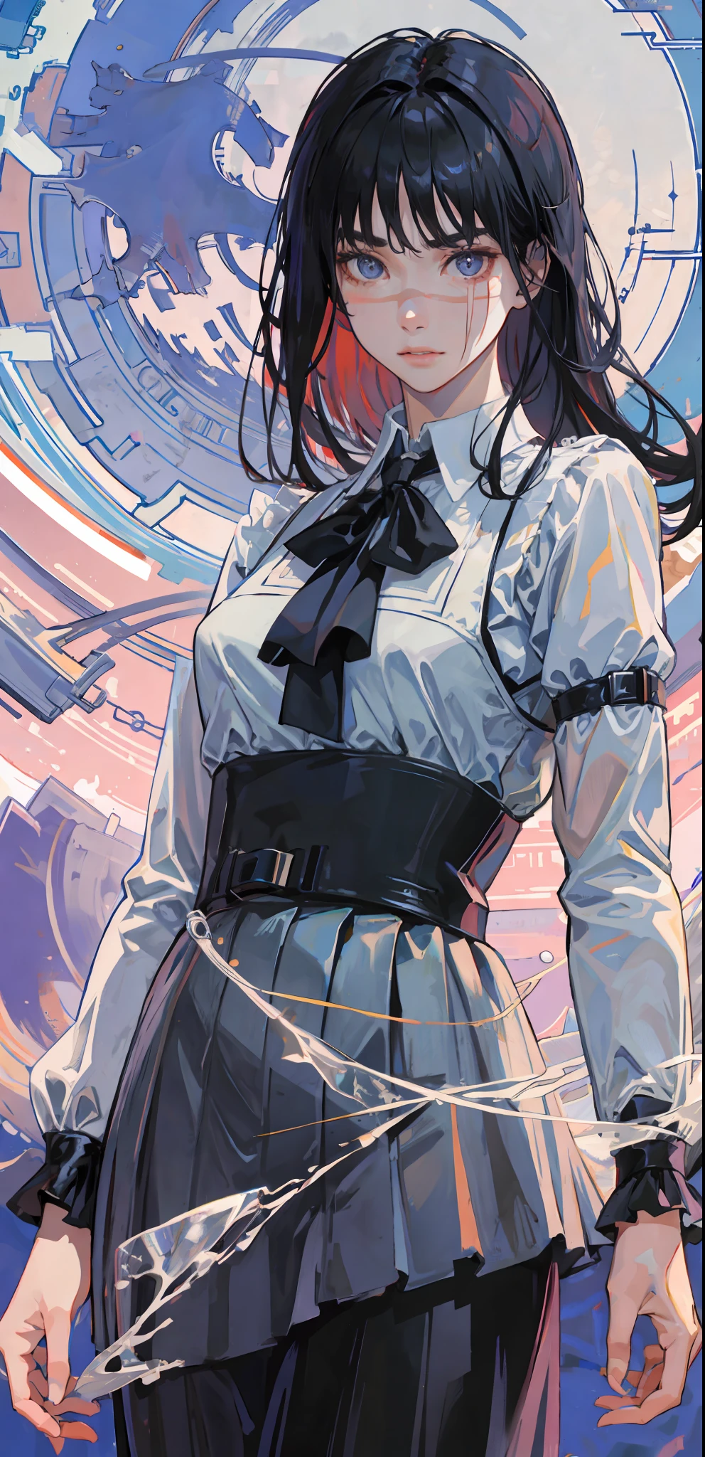 ((masterpiece, best quality)), (1girl), (solo), (female focus), yoru\(chainsaw man\),(very detailed face, real image, realistic white skin, realistic body, intricate details), upper body, focus on face, psycho face, psycho eyes, serious, black hair, long hair, intimidating look, pinafore dress, long sleeve shirt, neck ribbon, small breasts, moon, night, sky, clouds