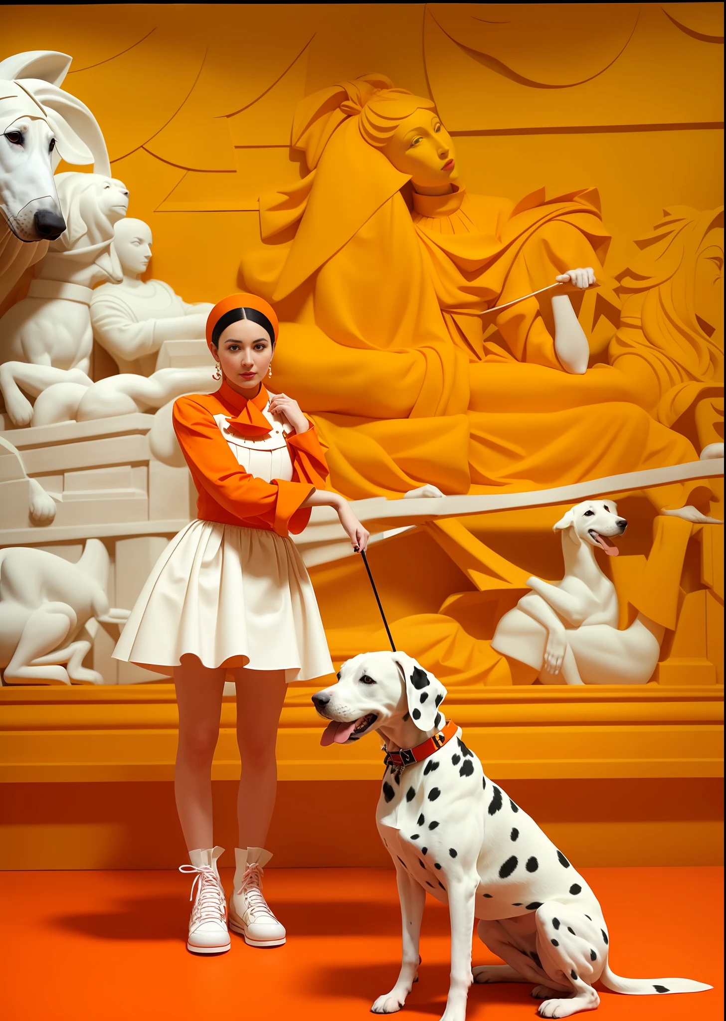 woman in orange dress standing next to a dalmatian dog, inspired by Giovanni Battista Tiepolo, inspired by Piero della Francesca, taken in 2 0 2 0, posing like a statue, michael angelo inspired, inspired by Kurt Wenner, with dogs, inspired by Giovanni Paolo Pannini, inspired by Piero di Cosimo, in front of a carved screen