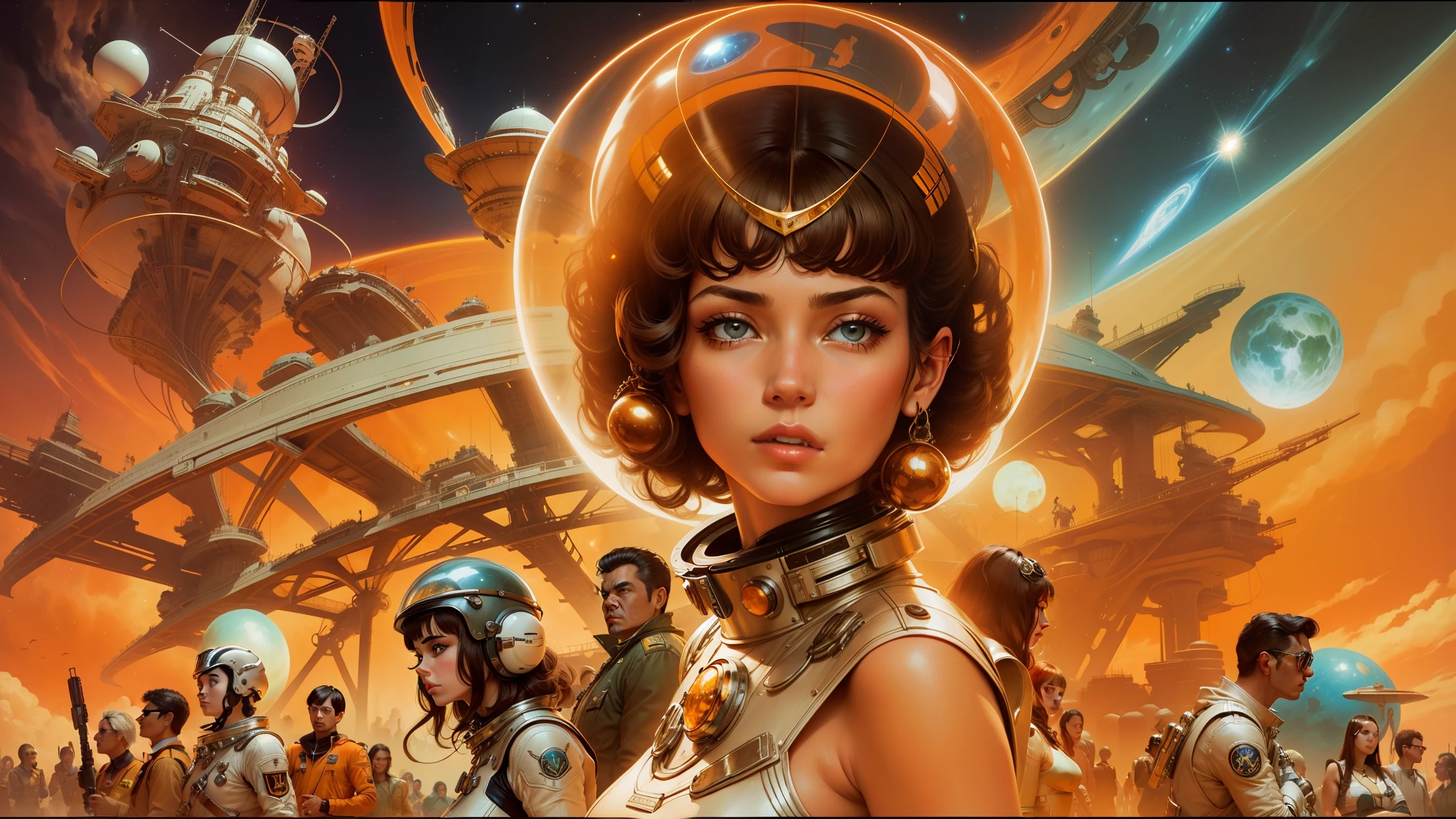 a close up of a woman in a space suit with a bunch of people, rossdraws and boris vallejo, cinemascope panorama, panoramic centered view of girl, sixties, the jewelpunk aesthetic, wearing an elaborate helmet, orange tone, by François Quesnel, barbarella, 2 0 5 0 s, trending on interfacelift, retro vintage screens, amber --auto --s2