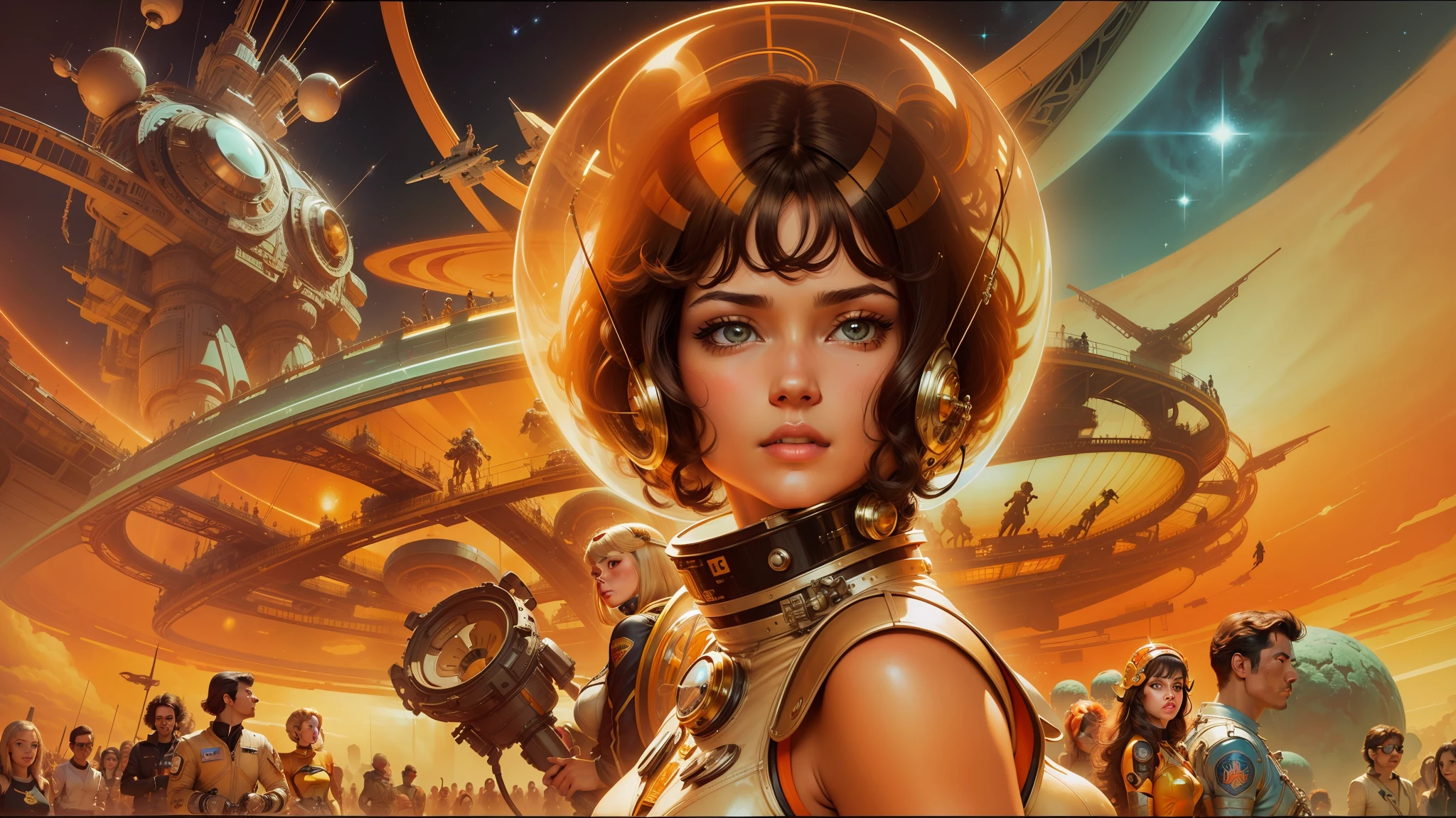a close up of a woman in a space suit with a bunch of people, rossdraws and boris vallejo, cinemascope panorama, panoramic centered view of girl, sixties, the jewelpunk aesthetic, wearing an elaborate helmet, orange tone, by François Quesnel, barbarella, 2 0 5 0 s, trending on interfacelift, retro vintage screens, amber --auto --s2