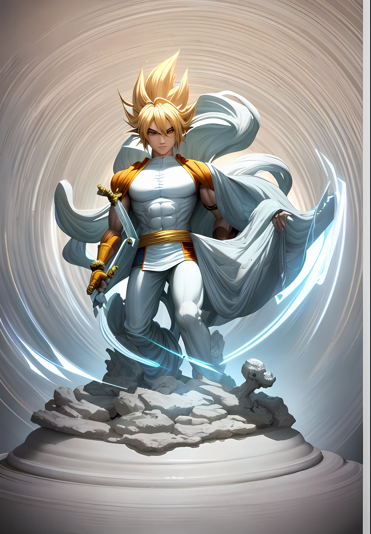 there is a white statue of a man with a sword, photorealistic human goku, hyper detailed masterpiece, high detail iconic character, 3d statue!!!, anime highly detailed, high detail and very sharp, highly detailed portrait of goku, super highly detail, hyper real highly detailed, extremely high detail!!, hyper-detailed masterpiece, hyper - detailed masterpiece, extremely hyper detailed --auto --s2