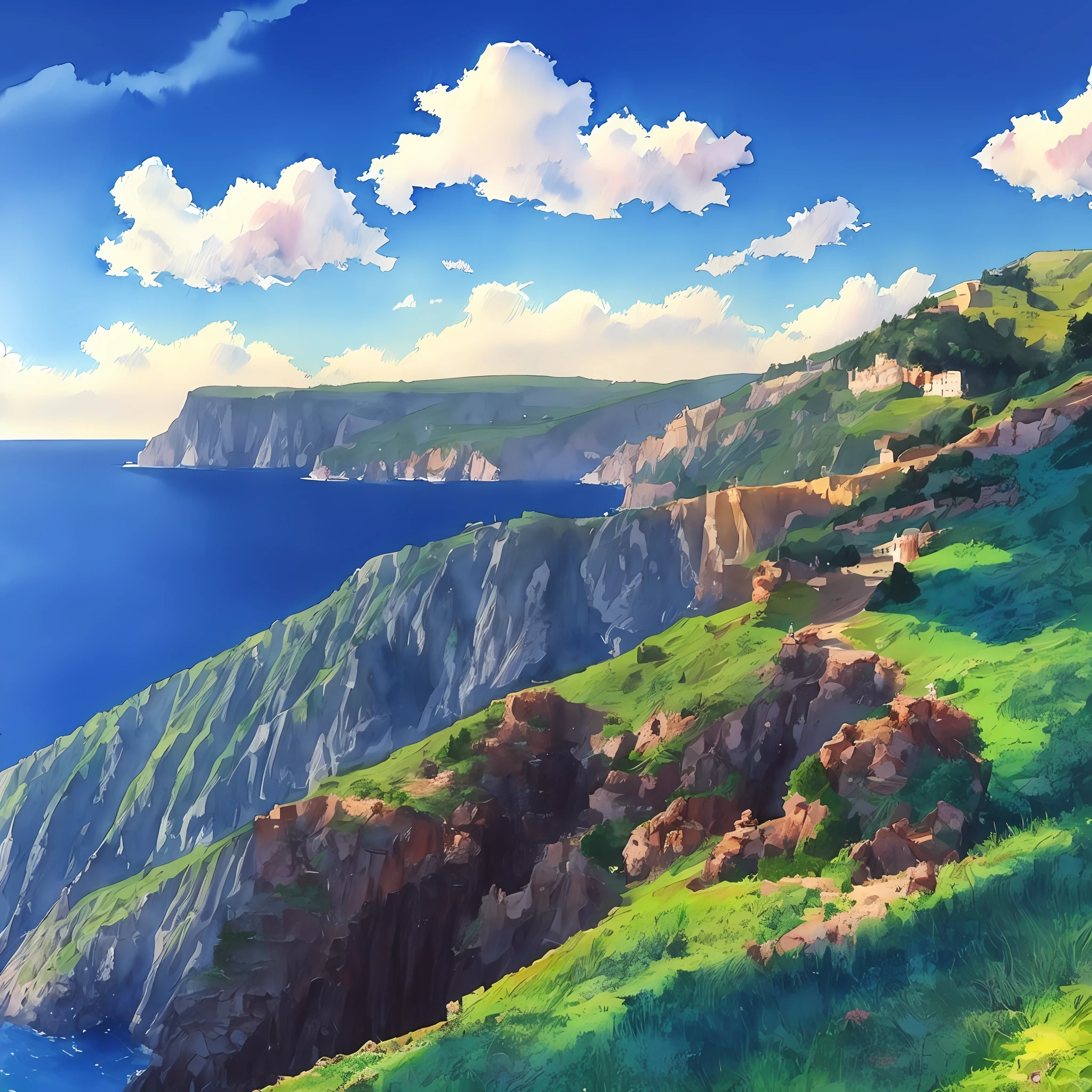 sunny day, beautiful clouds, pine trees, hills and sea, steep cliffs, beautiful view, cliffs, beautiful views, coastal cliffs, sharp rocks, mountain and sea views, Mediterranean landscape, sheer cliffs surround the scene, Mathias Kollros, incredibly beautiful, stunning view, watercolor, inkpunk, 8K, --auto --s2