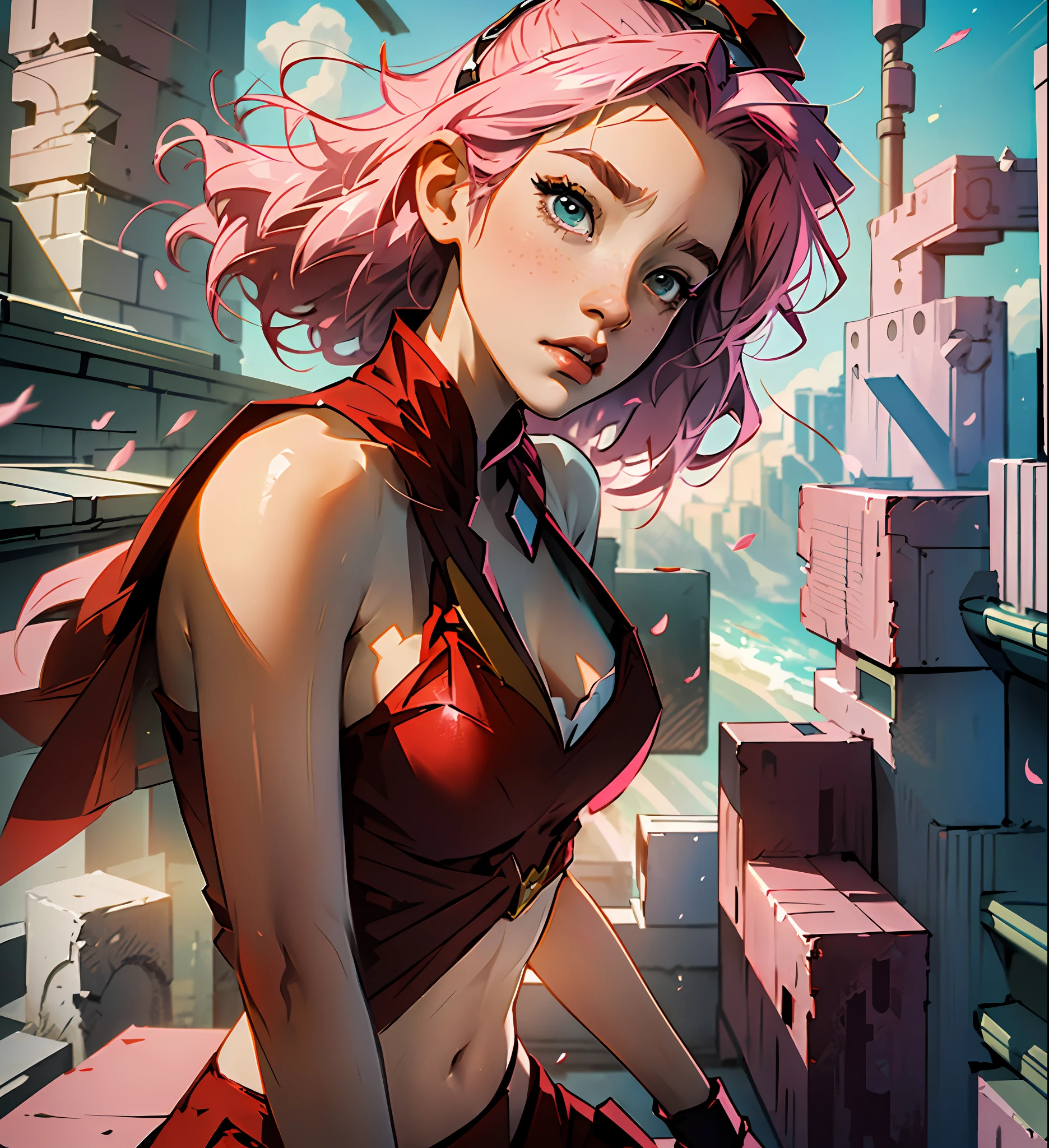 Sakura is a superheroine, with red clothes and red bow on her head, her hair is pink, her body is full of curves and her figure is delicate, she is on top of a building, watching over the city,