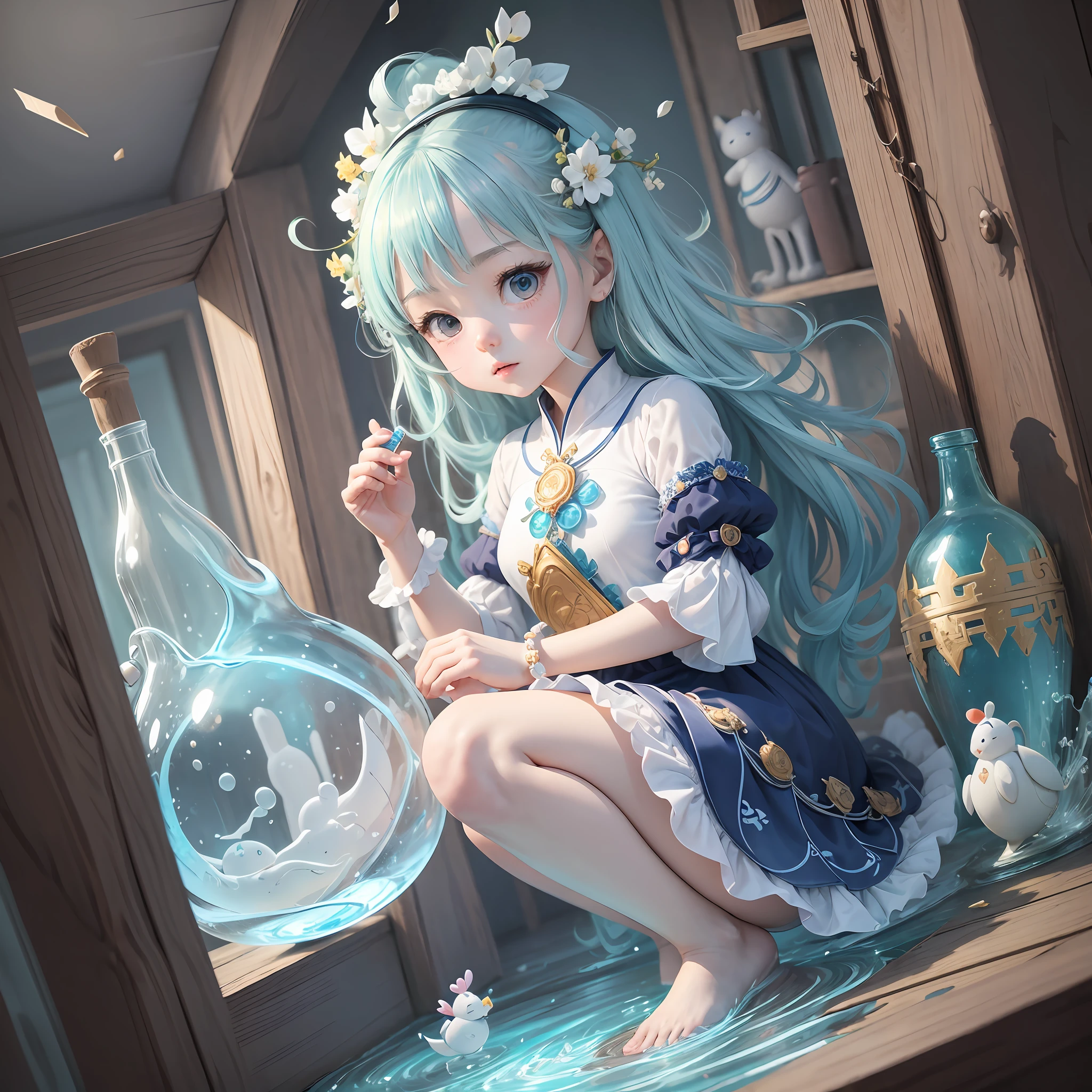 a bottle filled with animation and objects, in the style of shilin huang, princesses character illustrations, john wilhelm, multilayered texture, childlike figures, white and light aquamarine, colored caartoon stile --ar 19:27 --q 2 --s 750 --v 5.1 --auto --s2