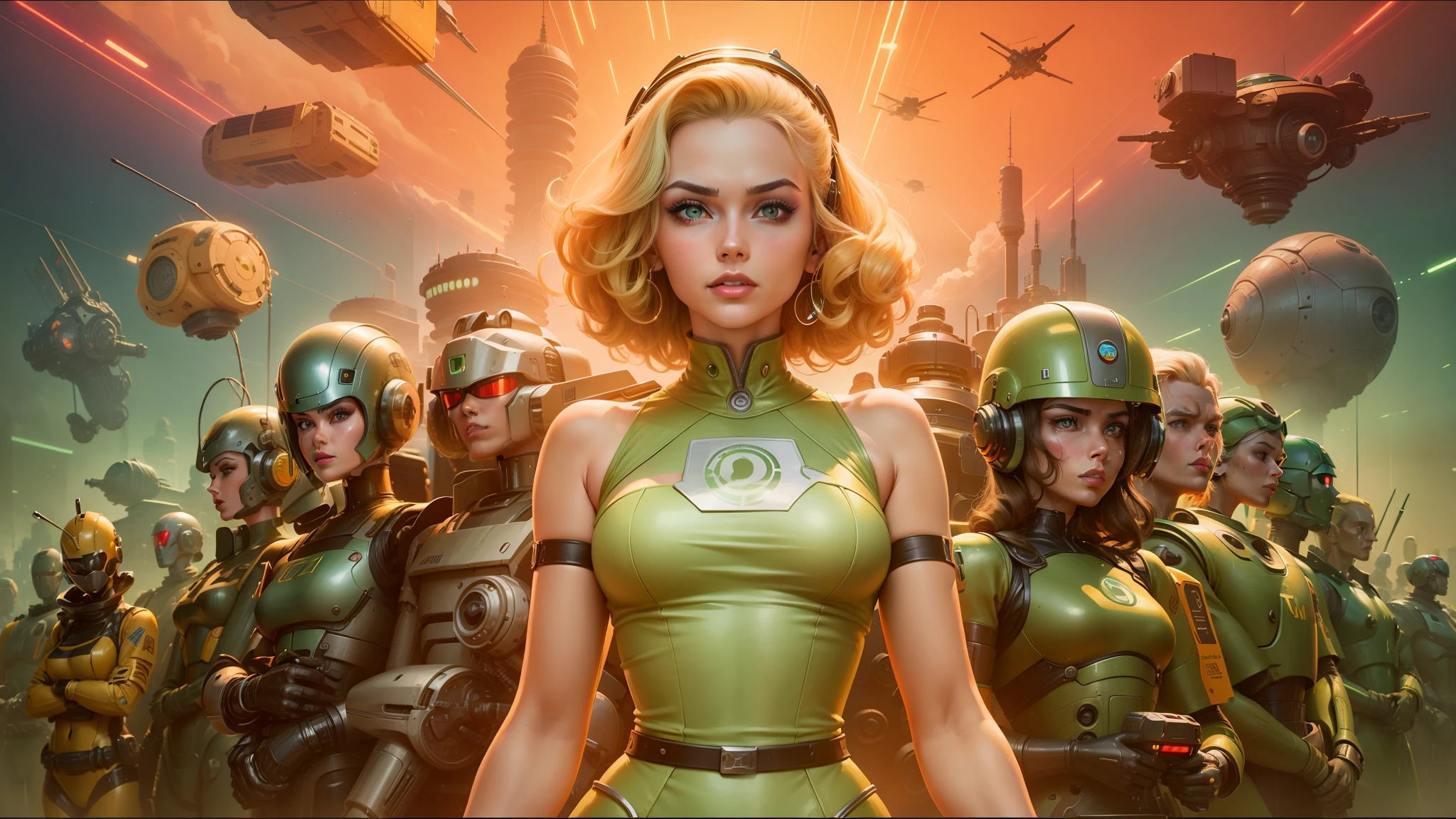 a close up of a woman in a green dress standing in front of a bunch of robots, as a retro futuristic heroine, board game cover art, blonde women, futuristic year 4 0 0 0, lurid, inspired by Laurie Lipton, golden computers, movie screencap, moog hd, by Stevan Dohanos, ??2077 --auto --s2