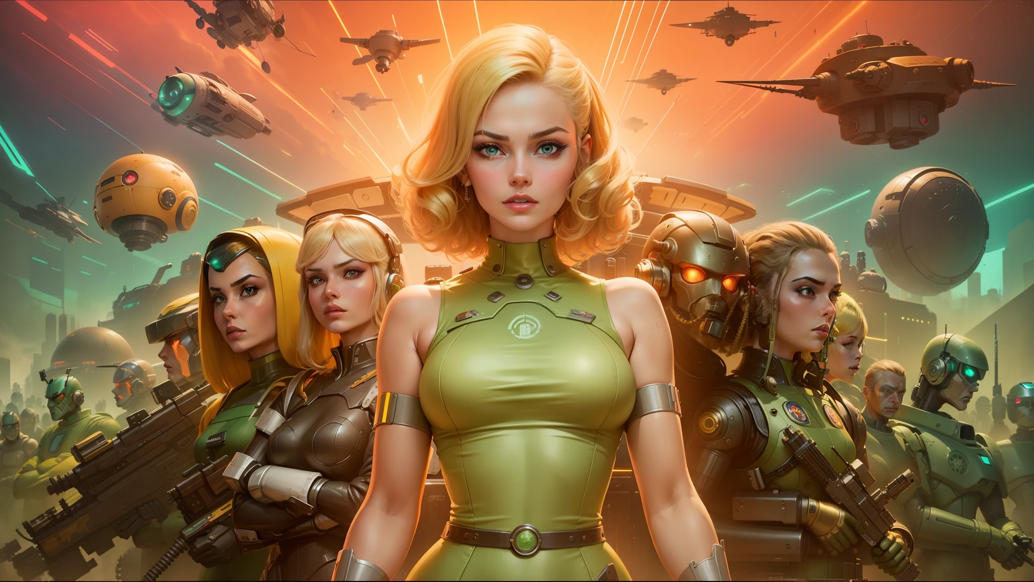 a close up of a woman in a green dress standing in front of a bunch of robots, as a retro futuristic heroine, board game cover art, blonde women, futuristic year 4 0 0 0, lurid, inspired by Laurie Lipton, golden computers, movie screencap, moog hd, by Stevan Dohanos, cp2077 --auto --s2