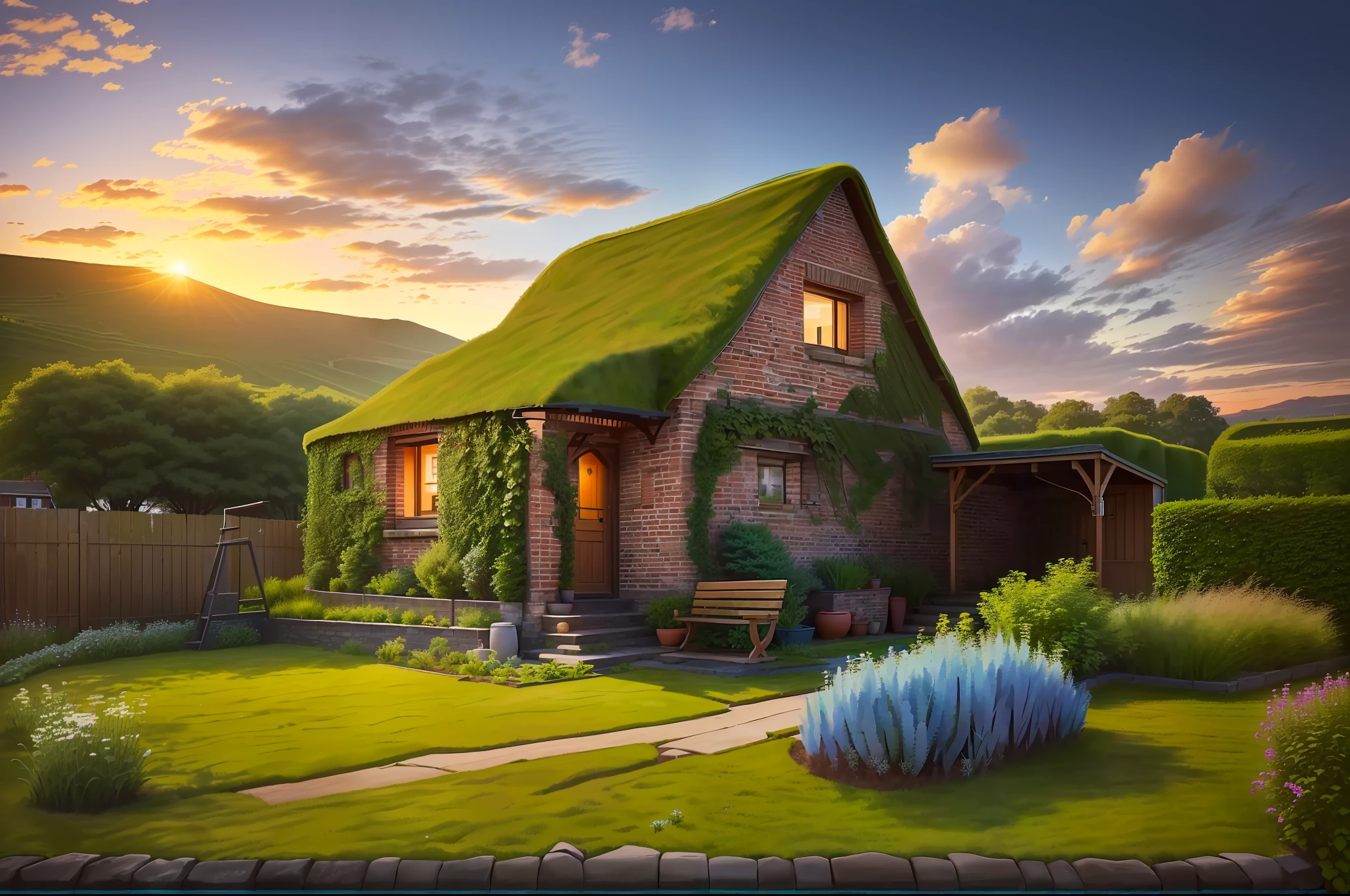 In the yard there is a small house with a wooden bench, a cottage, a village house, a profile view from afar, a small cottage in the foreground, the photo was taken from afar, the house as a whole, the exterior, a wide full plan, the central image, the photo is large, the view from the outside, the front view, the house and the house, the brick cottage, the brick house
