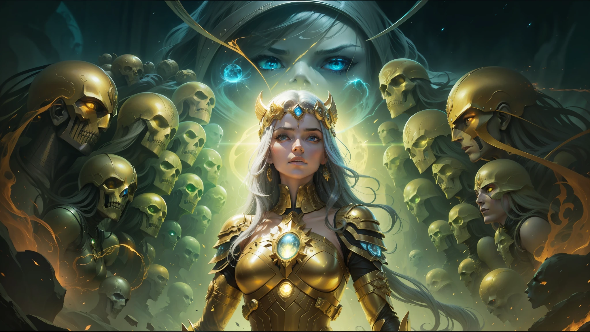 arafed image of a woman in a golden armor surrounded by skulls, inspired by Barclay Shaw, michael kutsche, promotional art, queen and ruler of the universe, godmachine, john stephens, game box art, her iridescent membranes, promotional render, award - winning epic painting, inspired by Konstantin Vasilyev, atomic stars, infinity gauntlet --auto --s2