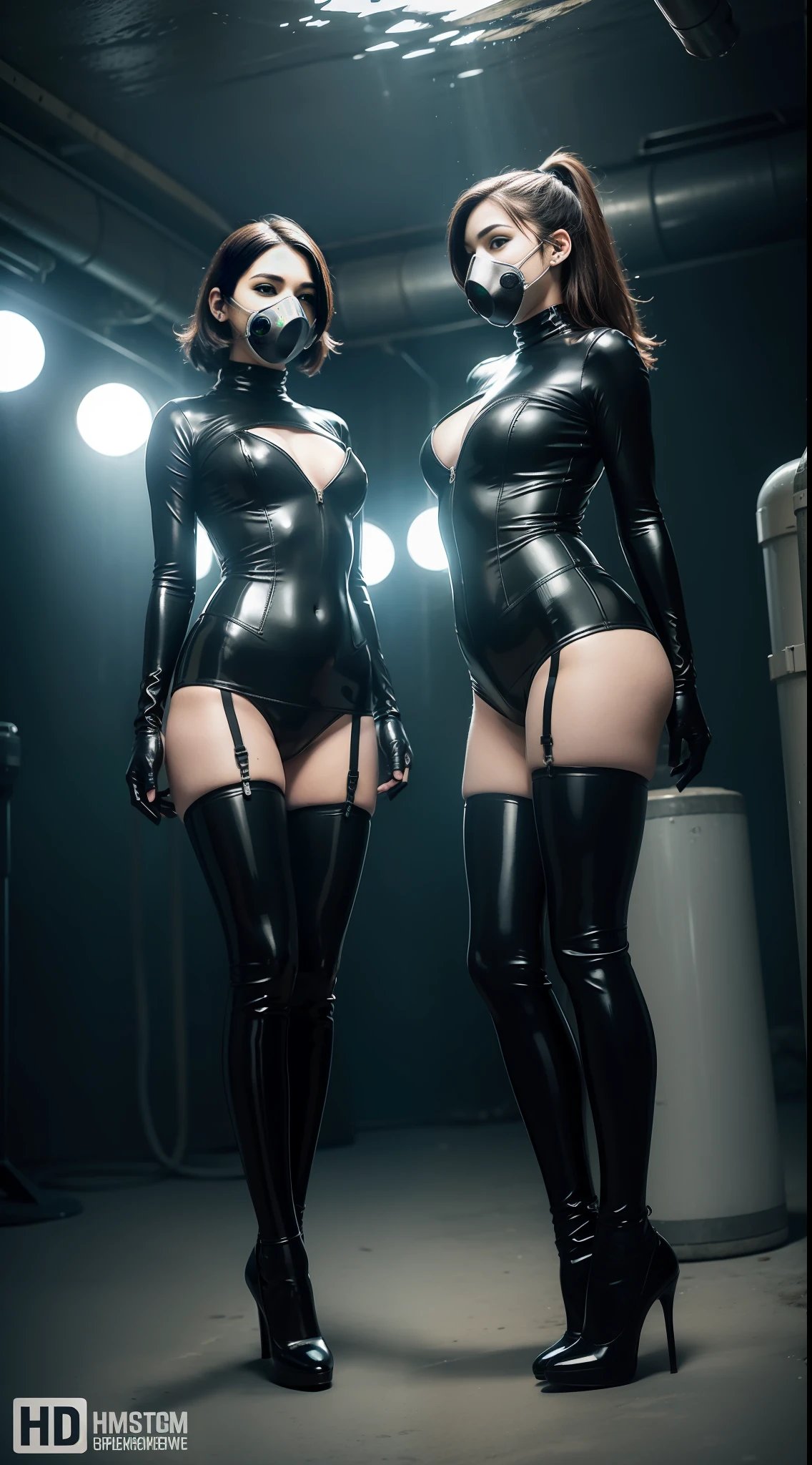 2 women, underwater, wearing gas masks attached to the air tube, oxygen cylinder attached to the other end of the air tube, latex tights, elbow long gloves, latex over-the-knee socks, high heels, full body, front, UHD, masterpiece, super detail, best quality, anatomically correct, depth of field