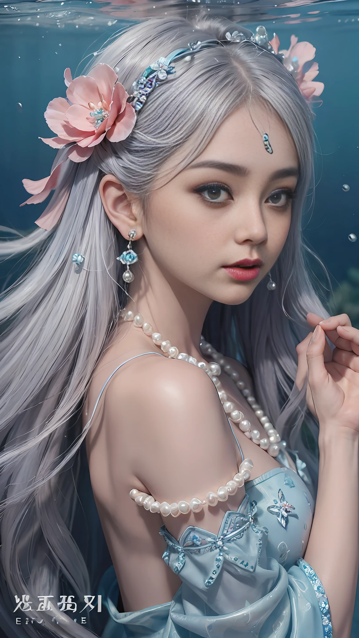 Silver hair scattered (pearl fringed hair ornament), earrings, pearl necklace, beautiful girl (gorgeous highlight), (bright eyes), cyan blue leaky shoulder Hanfu (delicate pattern) (red flower between the eyebrows), underwater world (coral pearl shell decoration) fairy fluttering --auto --s2