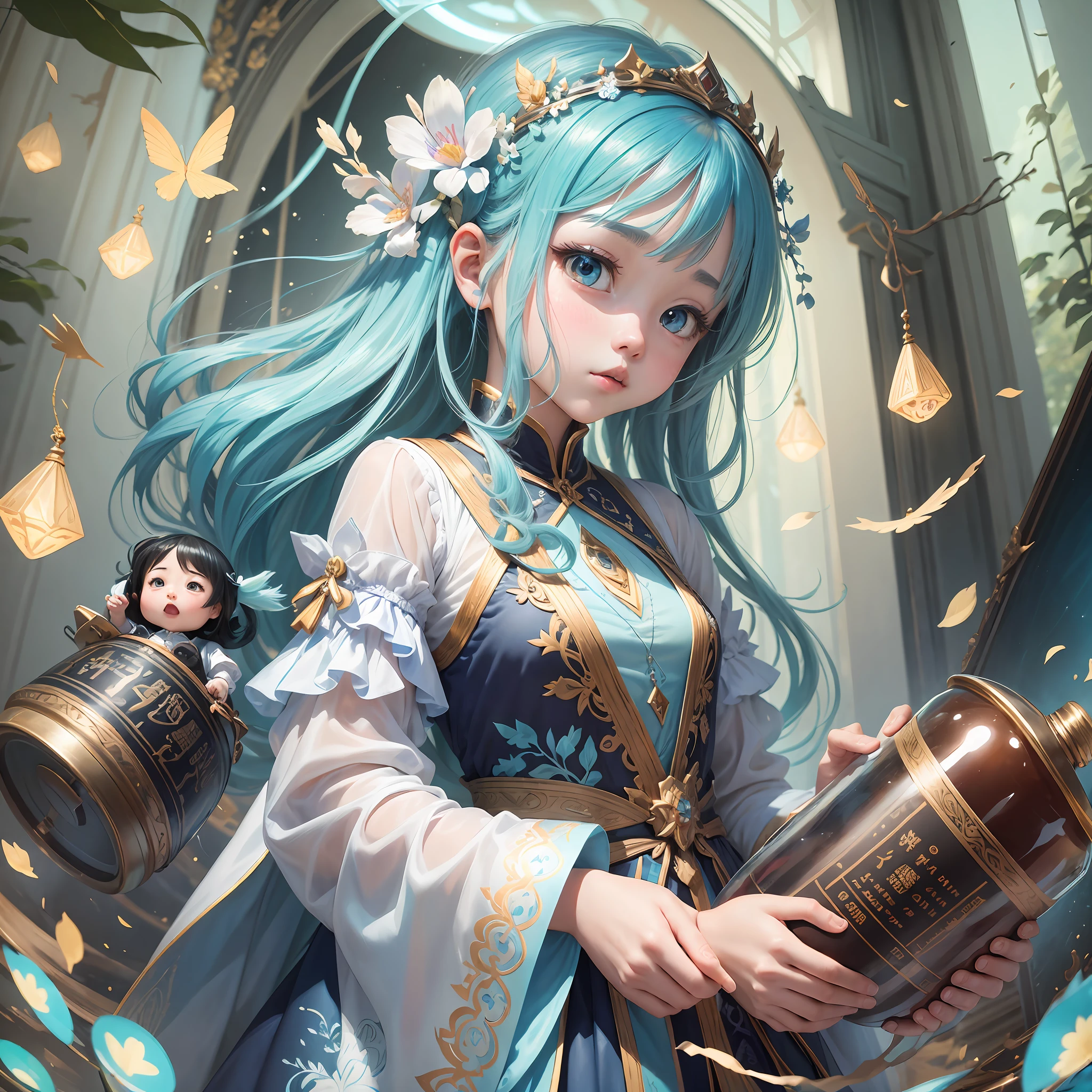 a bottle filled with animation and objects, in the style of shilin huang, princesses character illustrations, john wilhelm, multilayered texture, childlike figures, white and light aquamarine, colored caartoon stile --ar 19:27 --q 2 --s 750 --v 5.1 --auto --s2