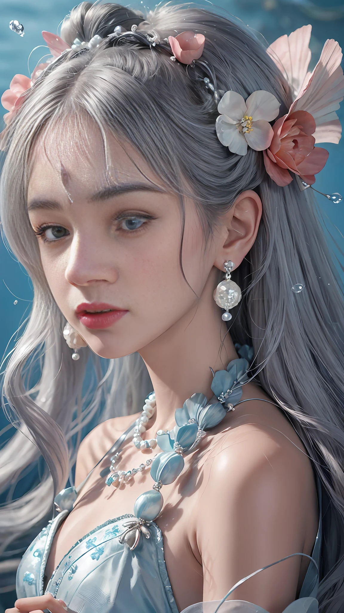 Silver hair scattered (pearl fringed hair ornament), earrings, pearl necklace, beautiful girl (gorgeous highlight), (bright eyes), cyan blue leaky shoulder Hanfu (delicate pattern) (red flower between the eyebrows), underwater world (coral pearl shell decoration) fairy fluttering --auto --s2