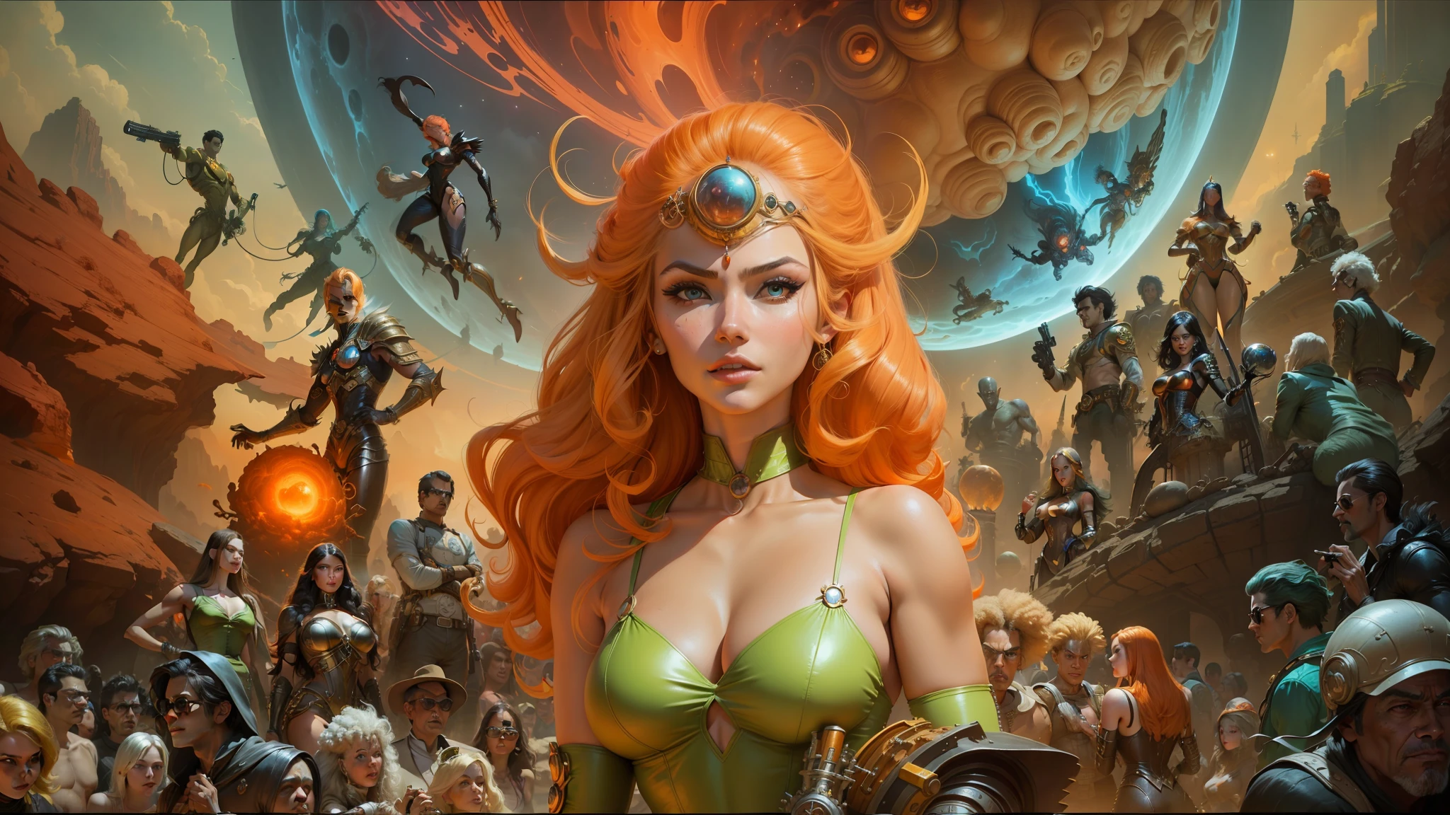 there is a painting of a woman with a bunch of people, rossdraws and boris vallejo, colorful sci-fi steampunk, barbarella, evil steampunk pyromancer woman, mars attacks, inspired by Victor Moscoso, orange hue, award - winning epic painting, by Kelly Freas, style of kilian eng, atomic explosion --auto --s2